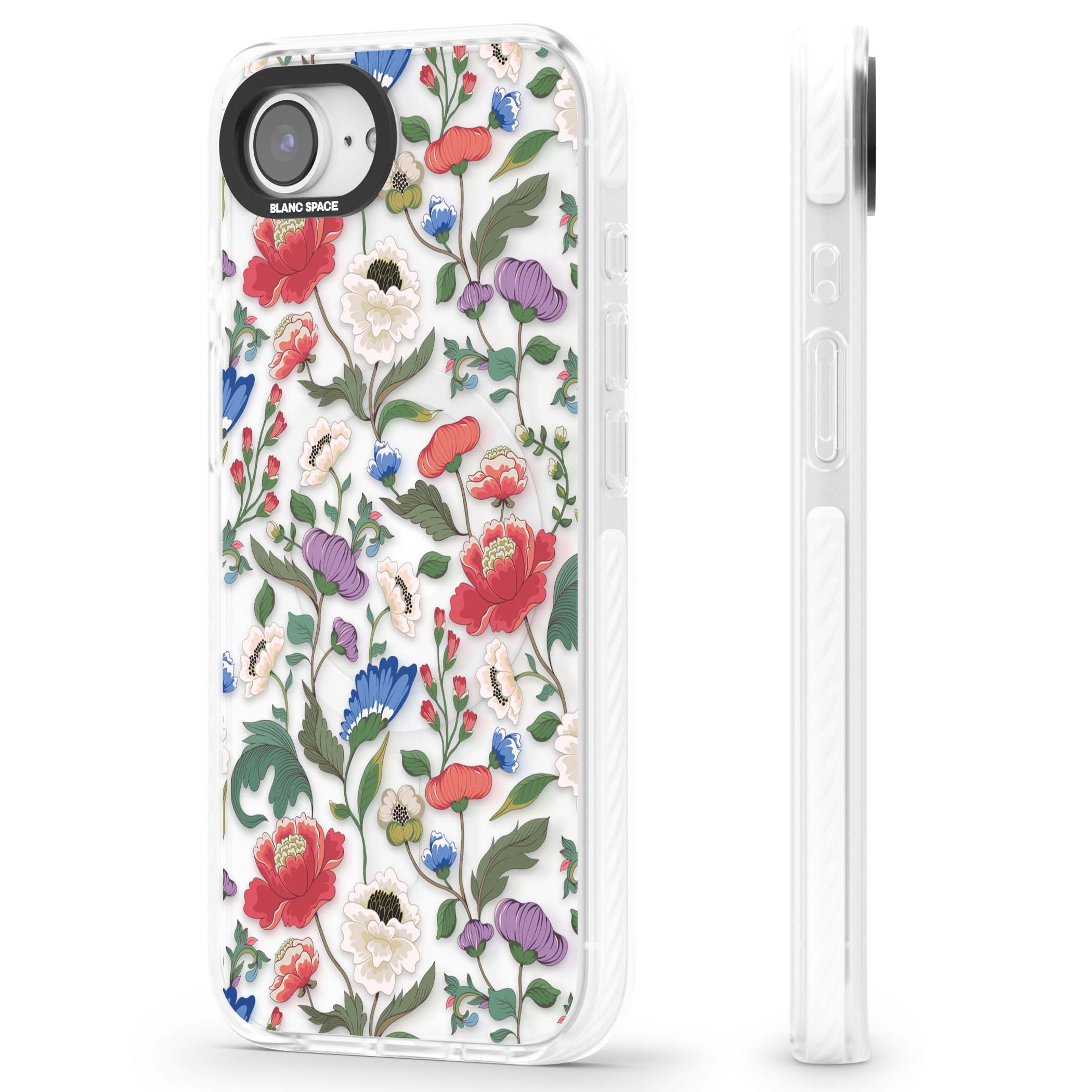 Chinoiserie Bloom vintage floral iPhone case featuring hand-painted peonies, poppies and trailing wildflowers on clear... | Impact Magsafe case for iPhone 16e, iPhone 17e