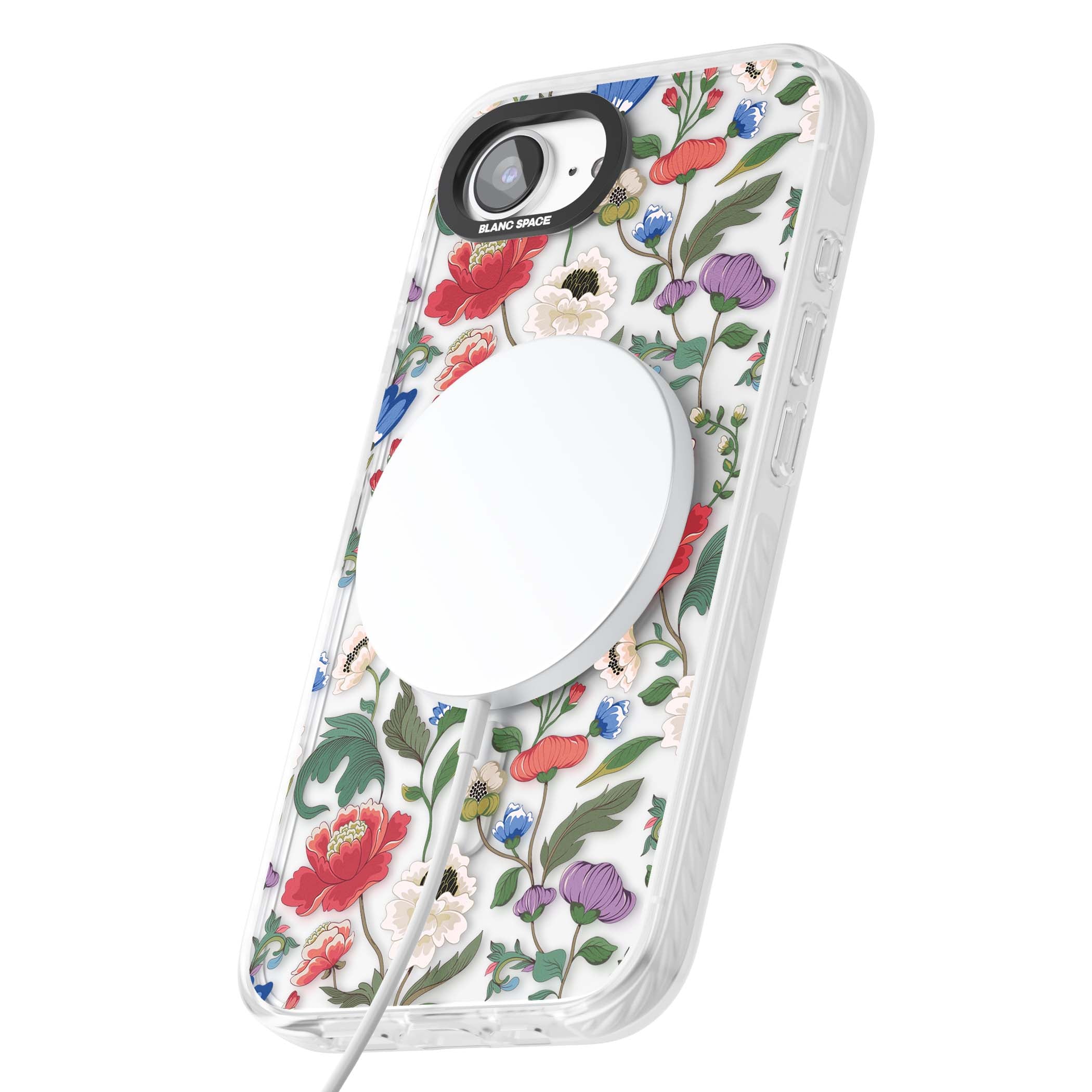 Chinoiserie Bloom vintage floral iPhone case featuring hand-painted peonies, poppies and trailing wildflowers on clear... | Impact Magsafe case for iPhone 16e, iPhone 17e