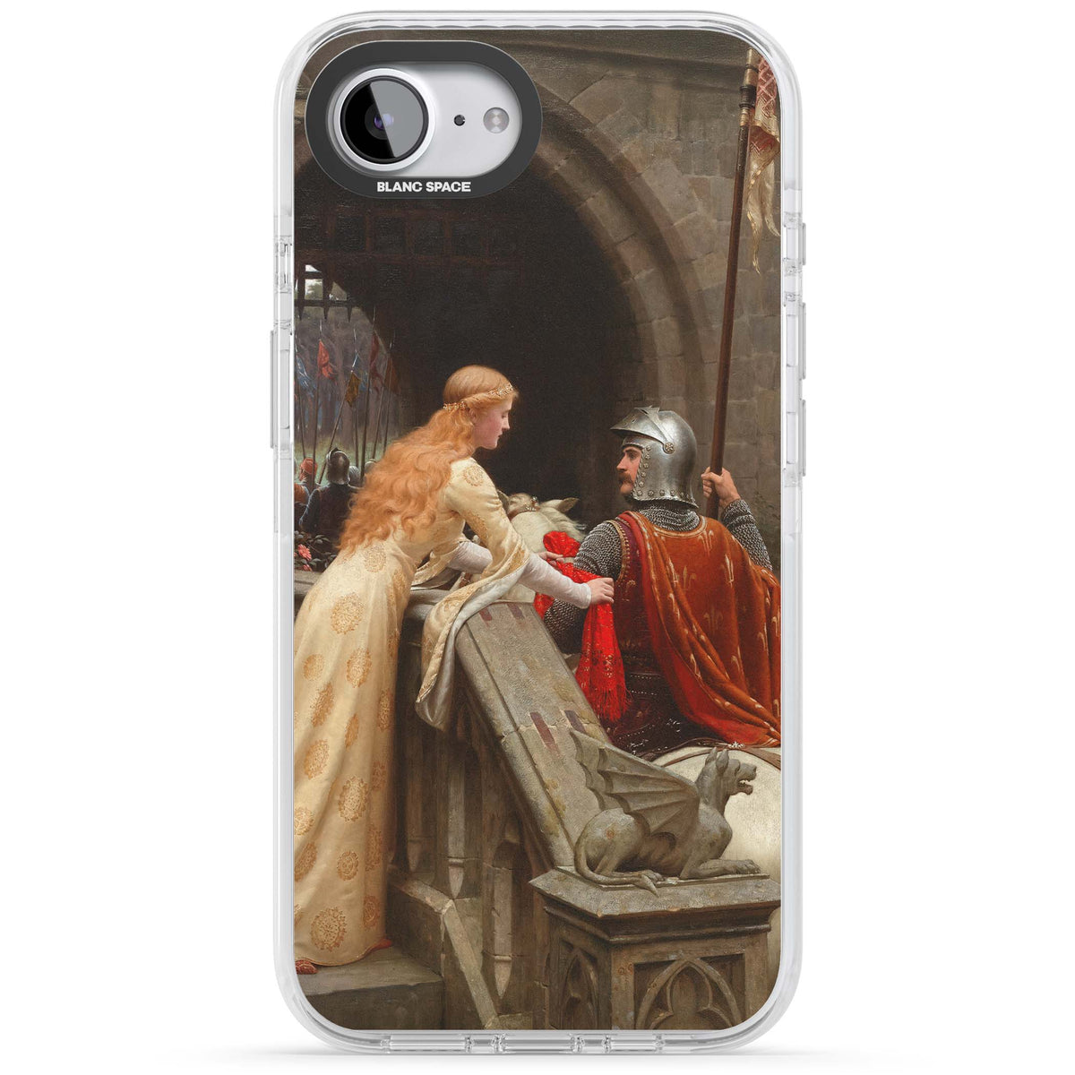 God Speed fine art iPhone case featuring Edmund Blair Leighton's medieval knight and lady beneath a stone archway | Impact Magsafe case for iPhone 16e, iPhone 17e