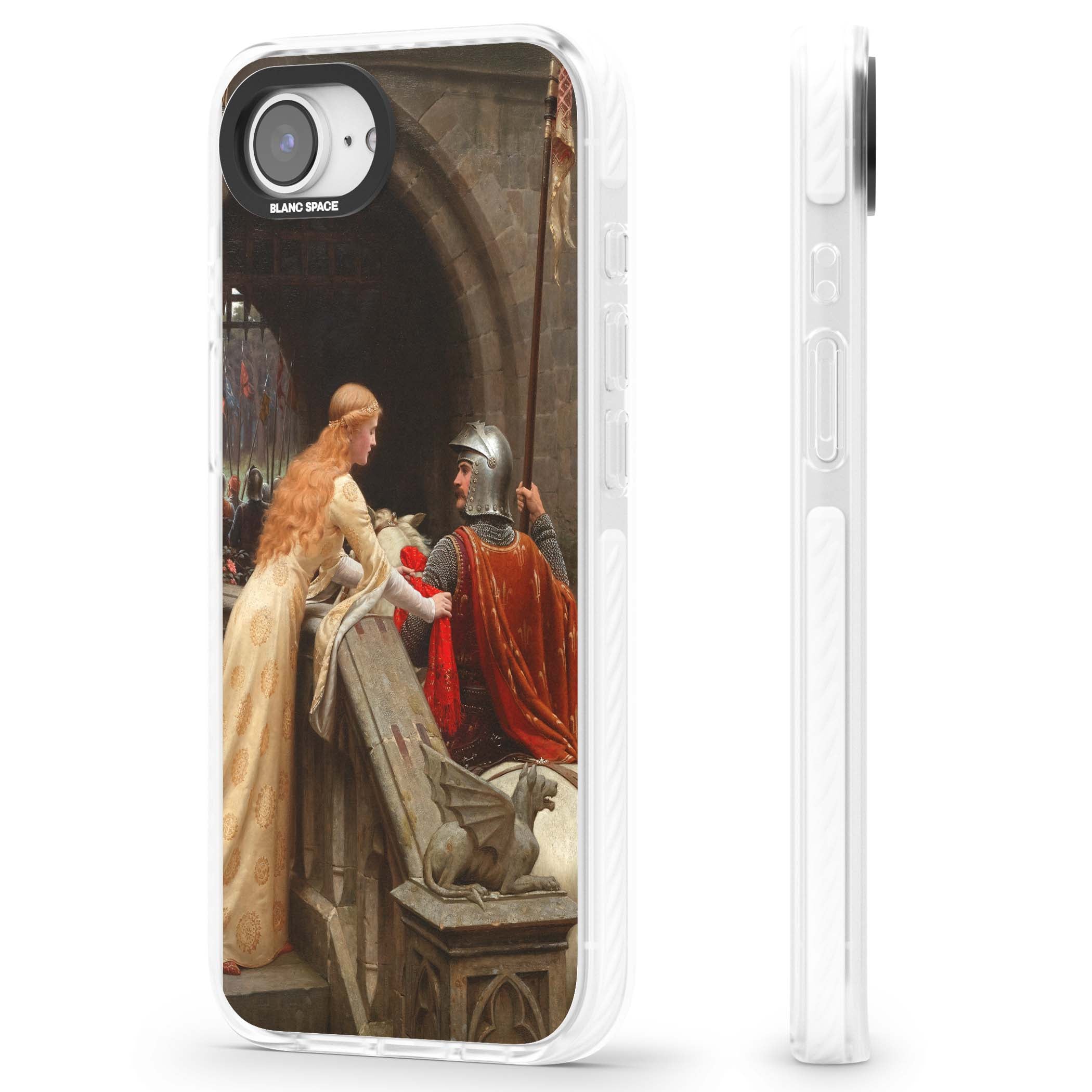 God Speed fine art iPhone case featuring Edmund Blair Leighton's medieval knight and lady beneath a stone archway | Impact Magsafe case for iPhone 16e, iPhone 17e