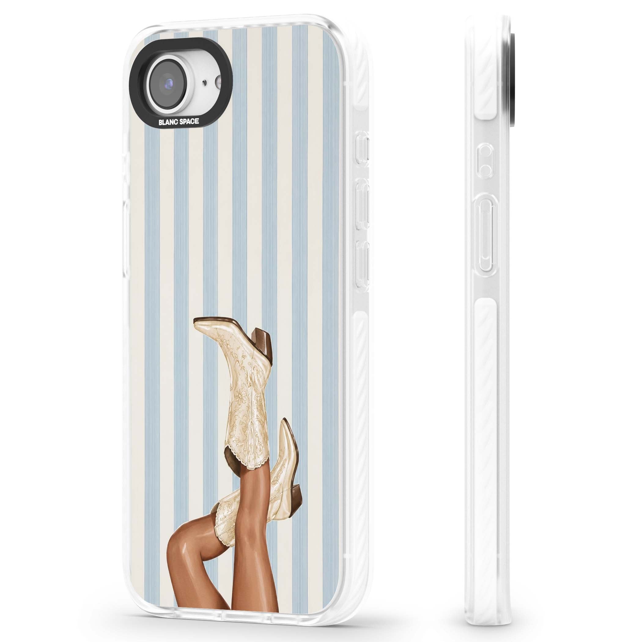 Cowgirl Boots coastal cowgirl iPhone case featuring embroidered western boots, tanned legs and a blue stripe backdrop | Impact Magsafe case for iPhone 16e, iPhone 17e