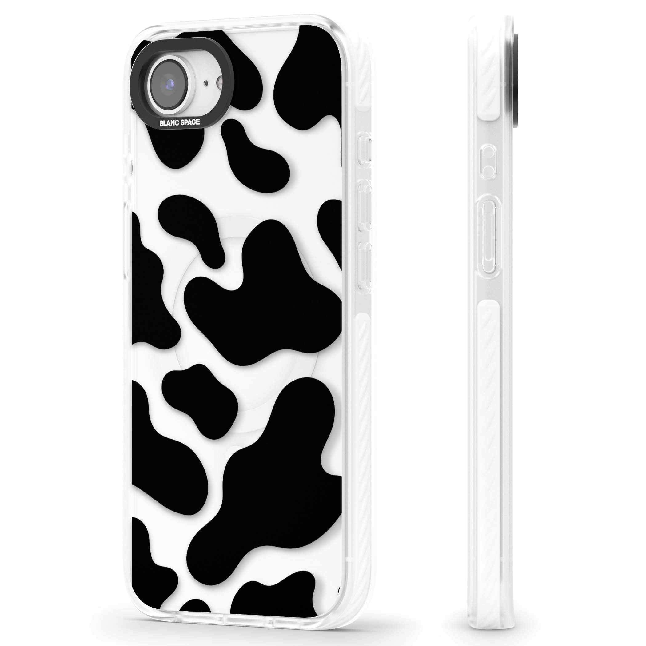 Clear Cow Print cow print iPhone case featuring black and white cow pattern splotches on a clear background | Impact Magsafe case for iPhone 16e, iPhone 17e