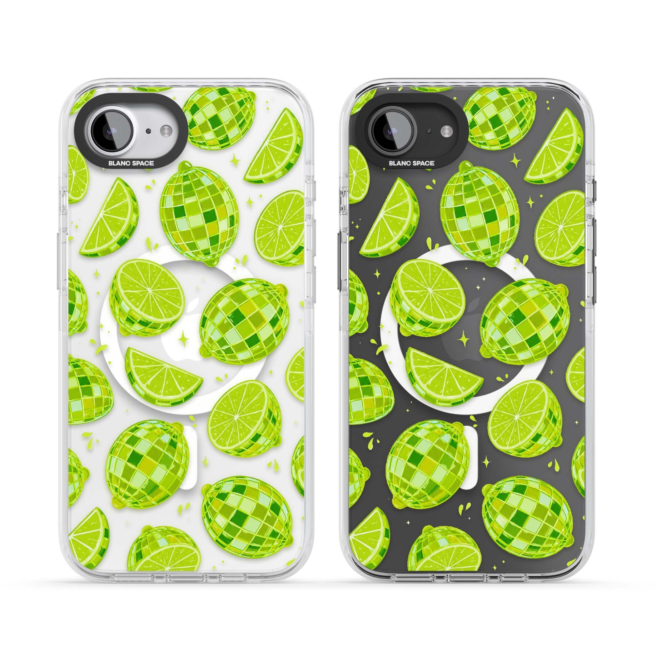 Disco Limes fruit aesthetic iPhone case featuring green disco balls, lime slices and citrus sparkles | Impact Magsafe case for iPhone 16e, iPhone 17e