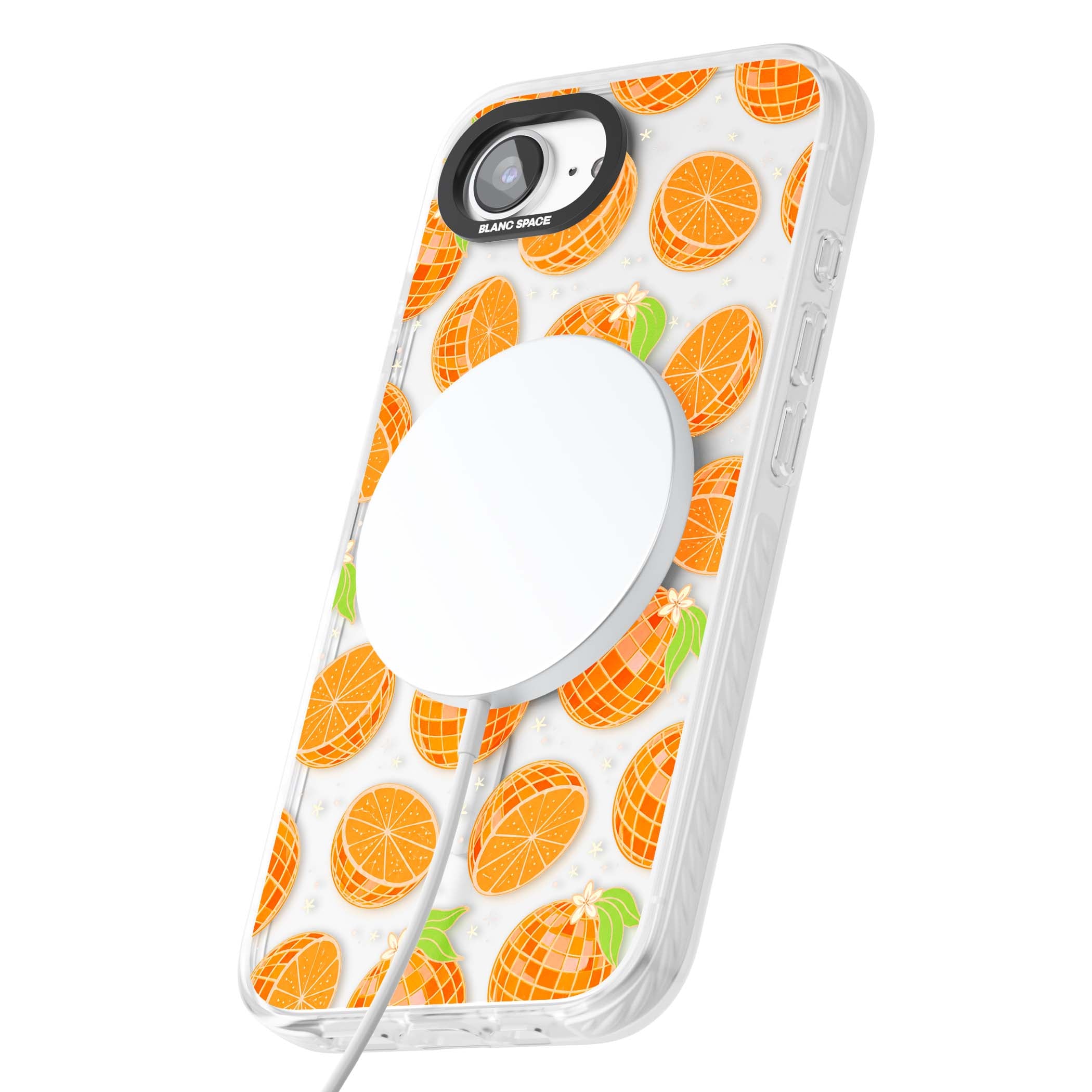 Disco Oranges retro iPhone case featuring mirrorball oranges, citrus slices and tiny blossoms on clear | Impact Magsafe case for iPhone 16e, iPhone 17e