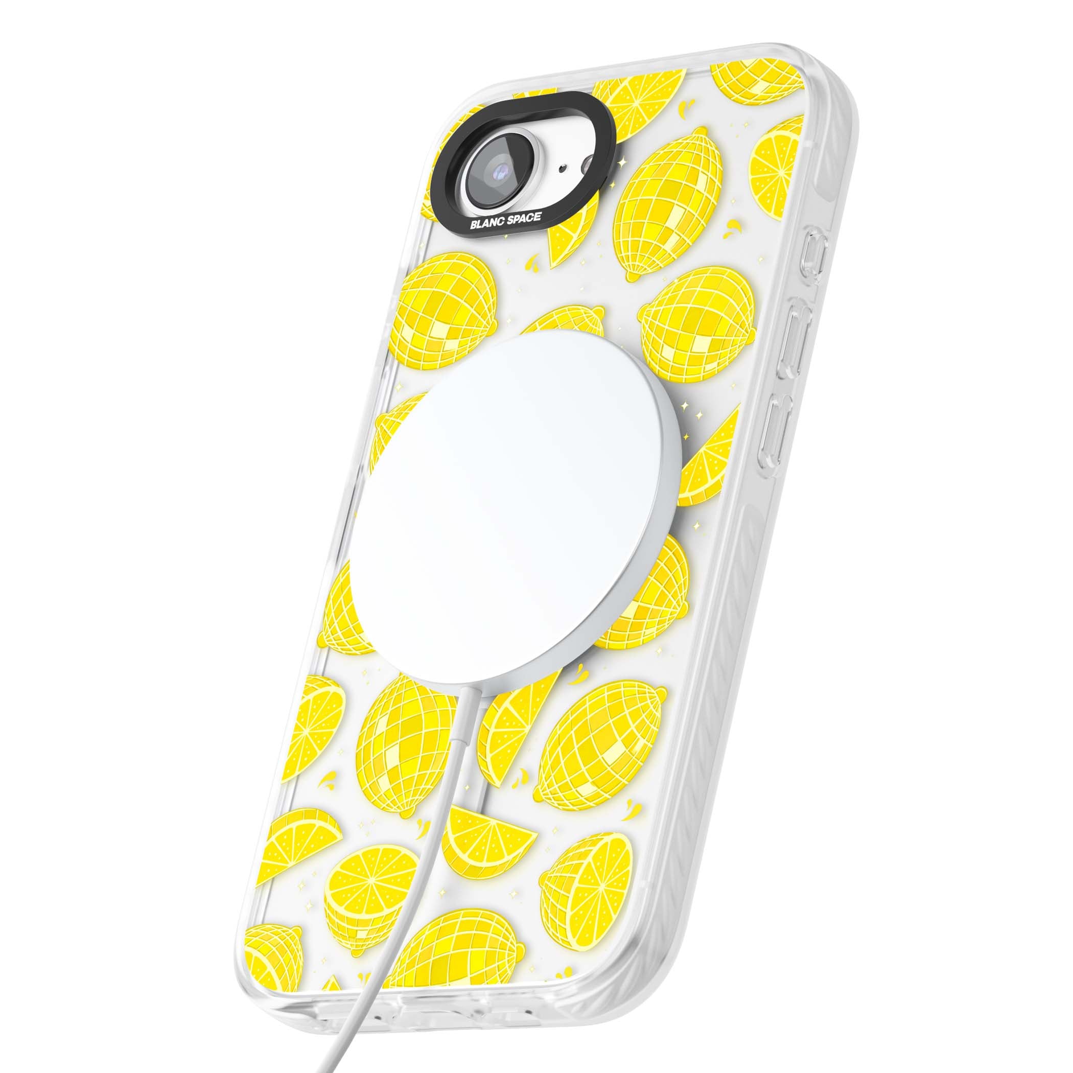 Disco Lemons citrus iPhone case featuring mirrorball lemons, sliced fruit and sparkle accents | Impact Magsafe case for iPhone 16e, iPhone 17e