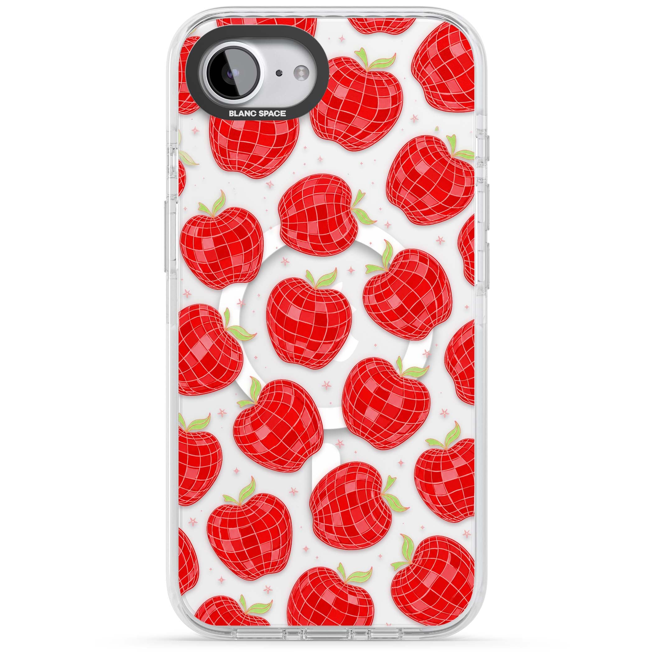 Disco Apples Y2K iPhone case featuring red disco ball apples, green leaves and pink sparkles on clear | Impact Magsafe case for iPhone 16e, iPhone 17e