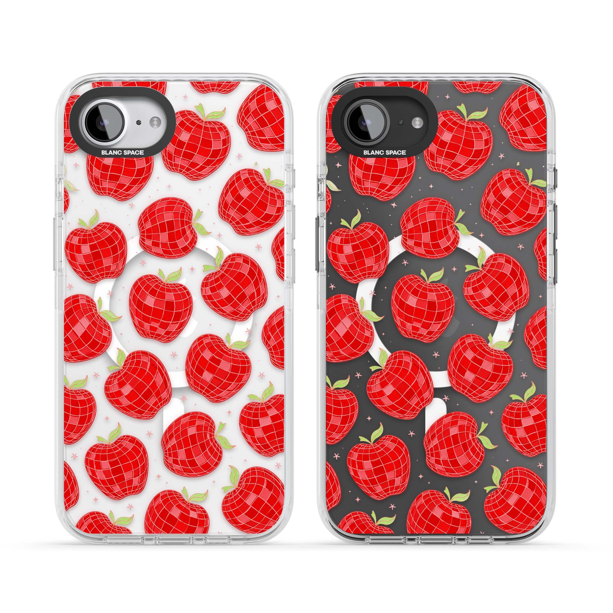 Disco Apples Y2K iPhone case featuring red disco ball apples, green leaves and pink sparkles on clear | Impact Magsafe case for iPhone 16e, iPhone 17e