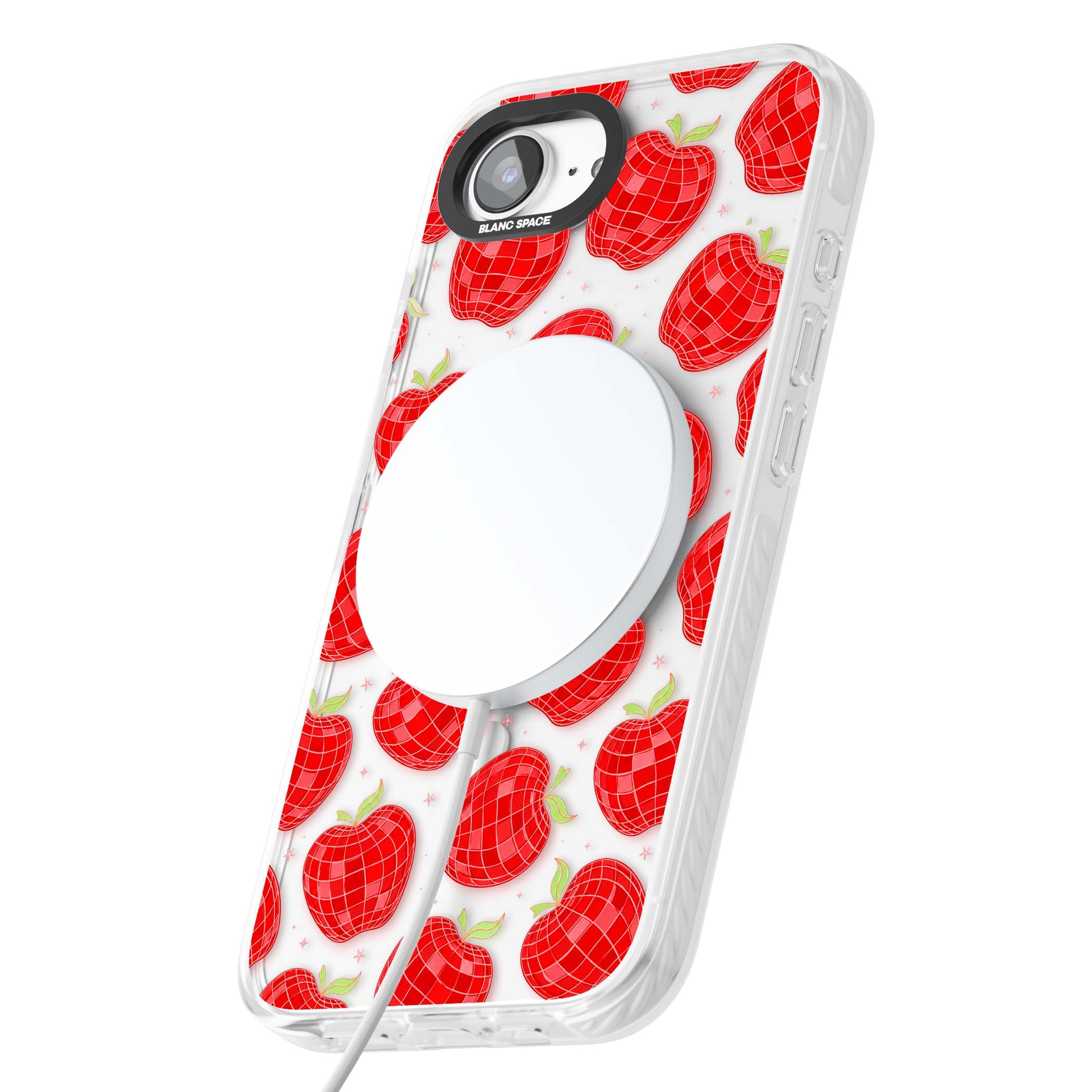 Disco Apples Y2K iPhone case featuring red disco ball apples, green leaves and pink sparkles on clear | Impact Magsafe case for iPhone 16e, iPhone 17e