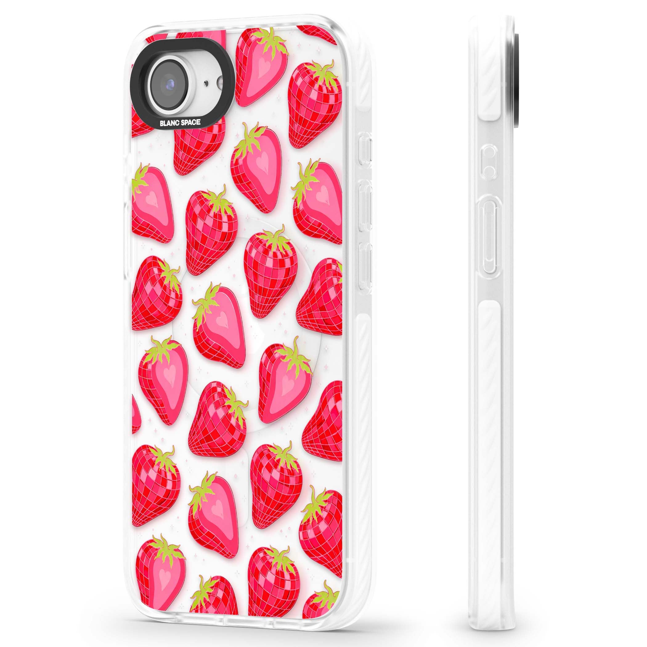 Disco Strawberry Y2K iPhone case featuring pink disco-ball strawberries, green leaves and tiny sparkles | Impact Magsafe case for iPhone 16e, iPhone 17e