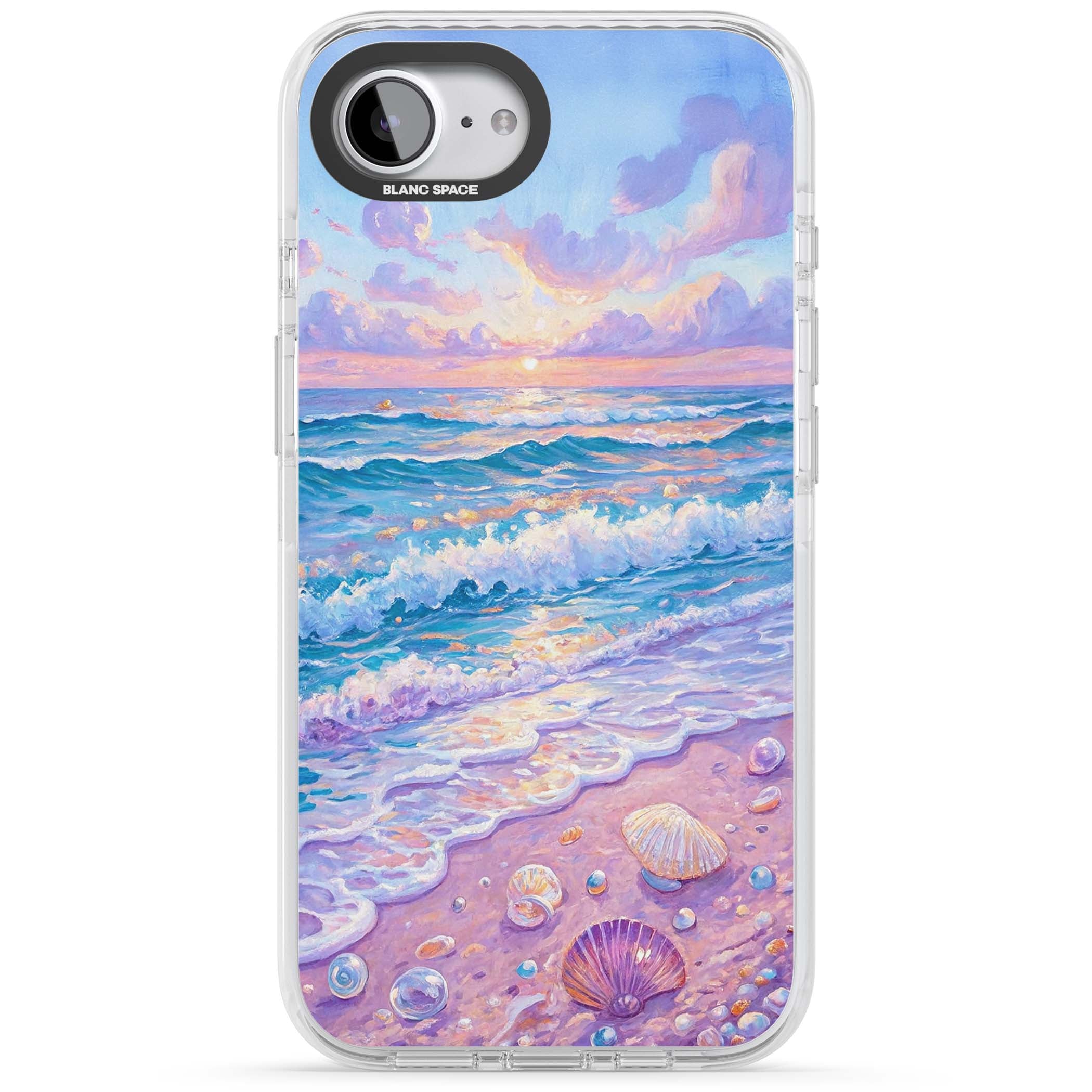 Pearl Shore coastal iPhone case featuring pastel painted waves, seashells, and a sunrise sky over a lavender beach. | Impact Magsafe case for iPhone 16e, iPhone 17e