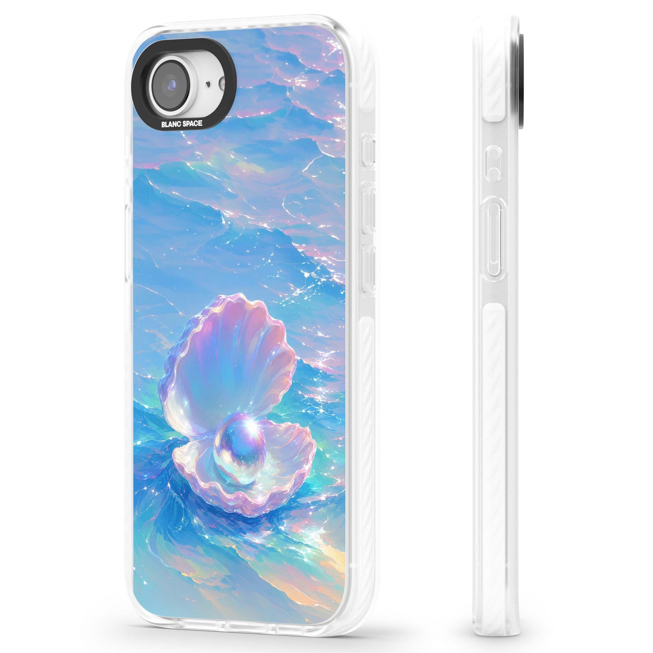 The Pearl Clam mermaidcore iPhone case featuring iridescent seashell, glowing pearl and pastel ocean waves | Impact Magsafe case for iPhone 16e, iPhone 17e