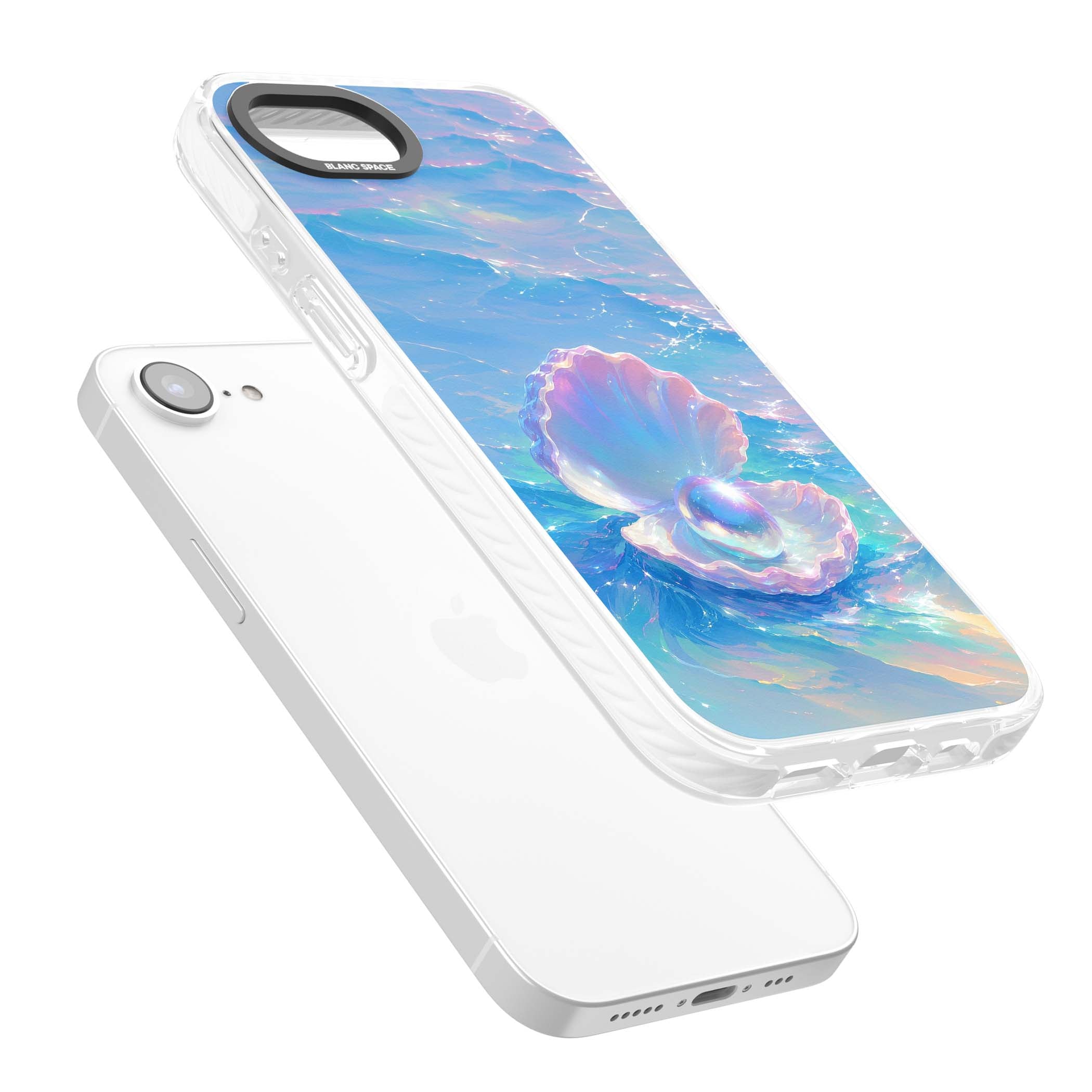 The Pearl Clam mermaidcore iPhone case featuring iridescent seashell, glowing pearl and pastel ocean waves | Impact Magsafe case for iPhone 16e, iPhone 17e