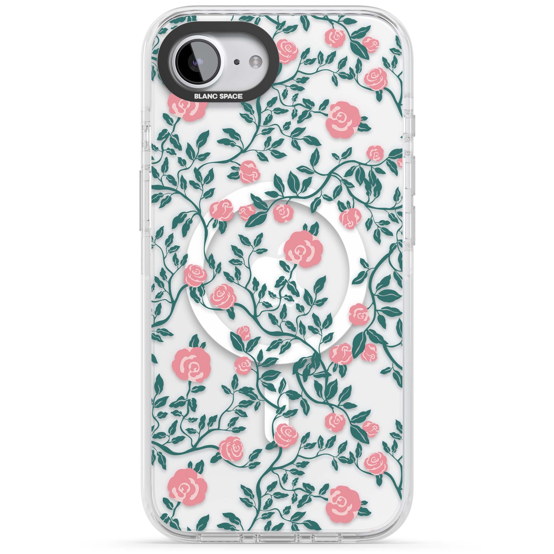 Rose Trellis (Clear) cottagecore iPhone case featuring pink climbing roses and green leaves on clear background | Impact Magsafe case for iPhone 16e, iPhone 17e