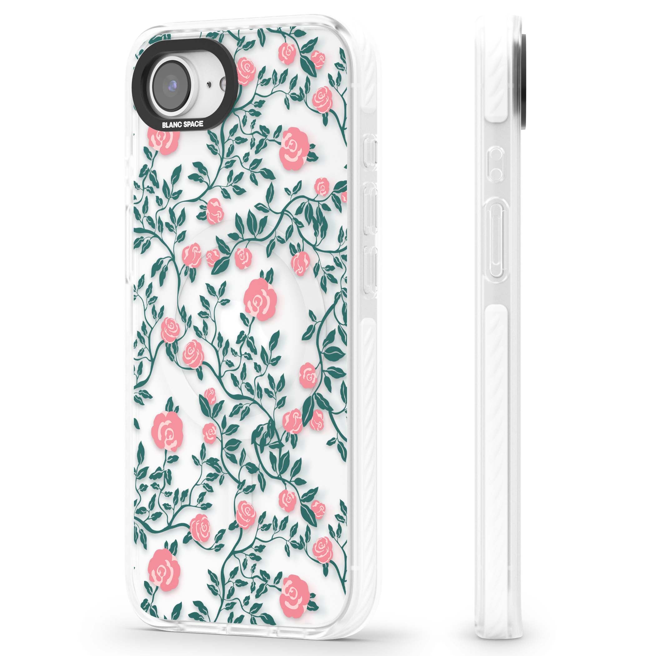 Rose Trellis (Clear) cottagecore iPhone case featuring pink climbing roses and green leaves on clear background | Impact Magsafe case for iPhone 16e, iPhone 17e