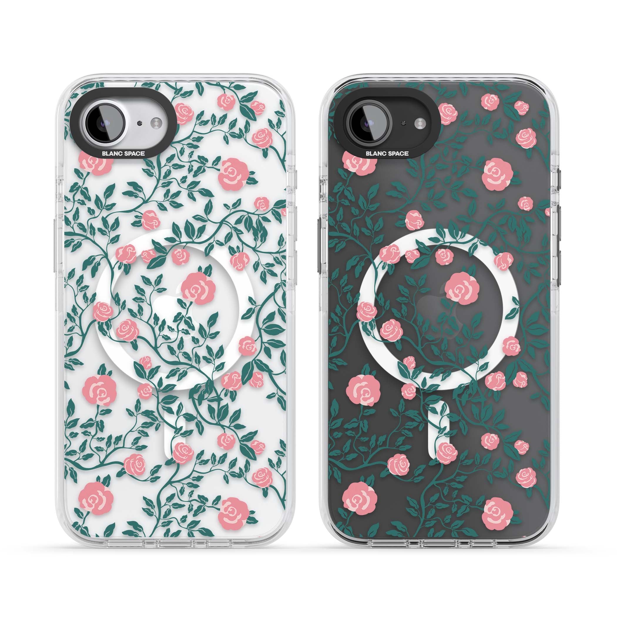 Rose Trellis (Clear) cottagecore iPhone case featuring pink climbing roses and green leaves on clear background | Impact Magsafe case for iPhone 16e, iPhone 17e
