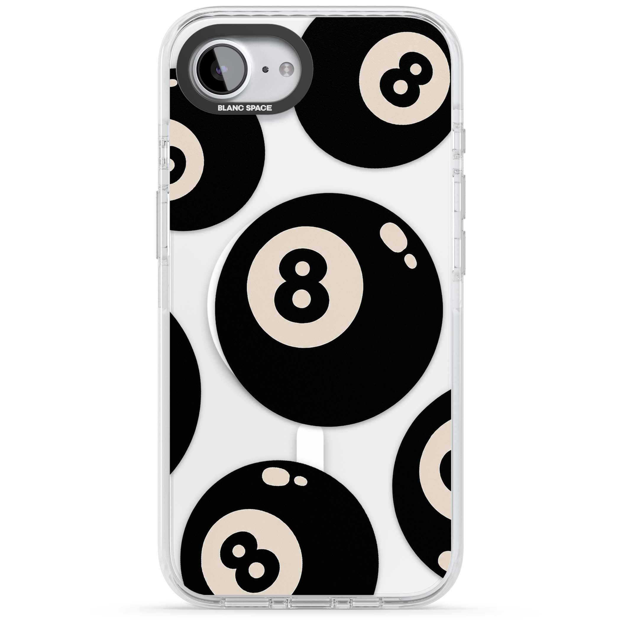 Eights y2k iPhone case featuring scattered black 8 balls with cream highlights on a clear background | Impact Magsafe case for iPhone 16e, iPhone 17e