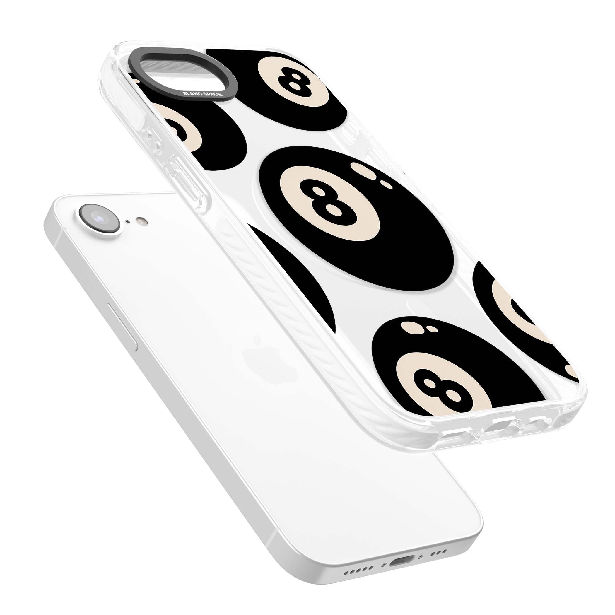 Eights y2k iPhone case featuring scattered black 8 balls with cream highlights on a clear background | Impact Magsafe case for iPhone 16e, iPhone 17e