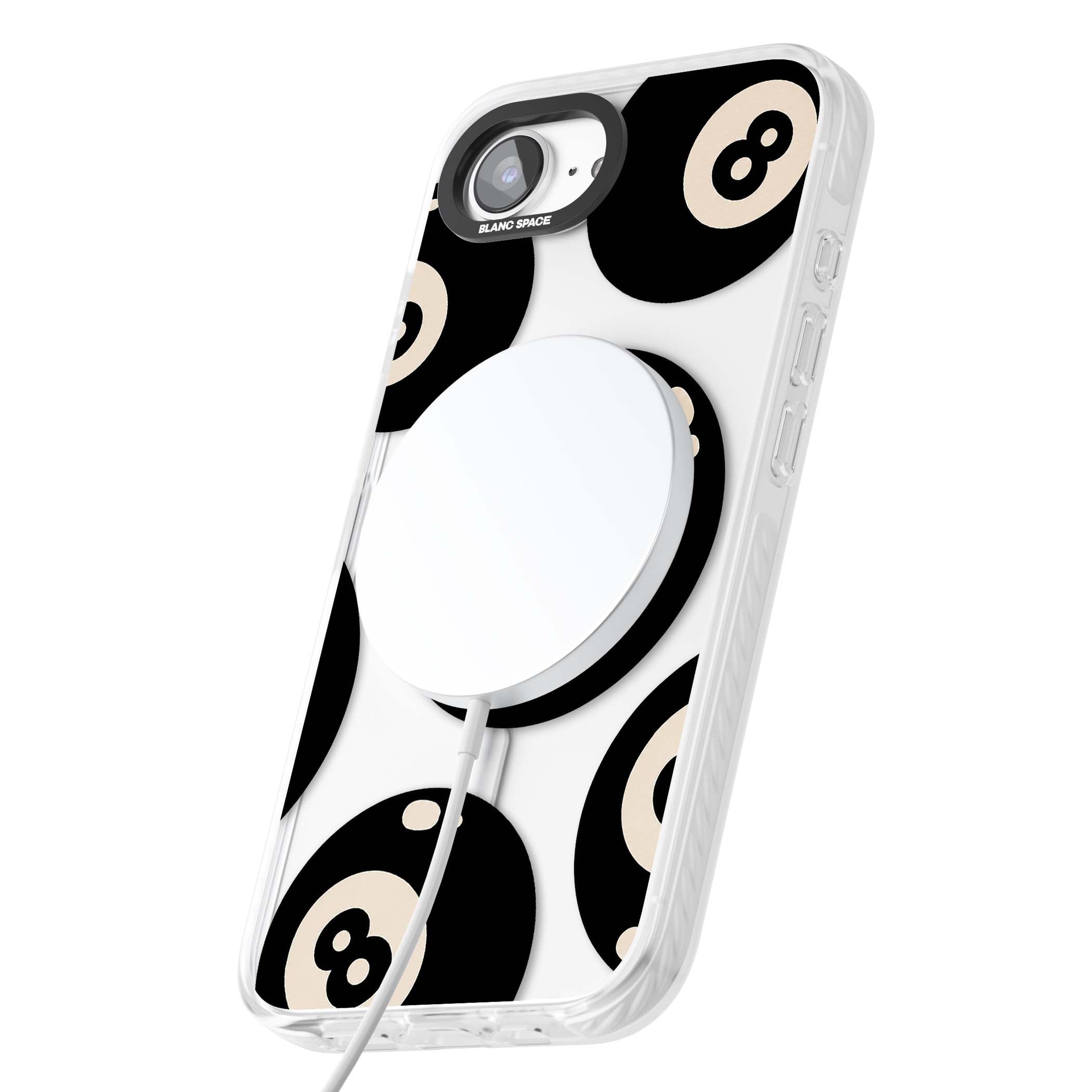Eights y2k iPhone case featuring scattered black 8 balls with cream highlights on a clear background | Impact Magsafe case for iPhone 16e, iPhone 17e