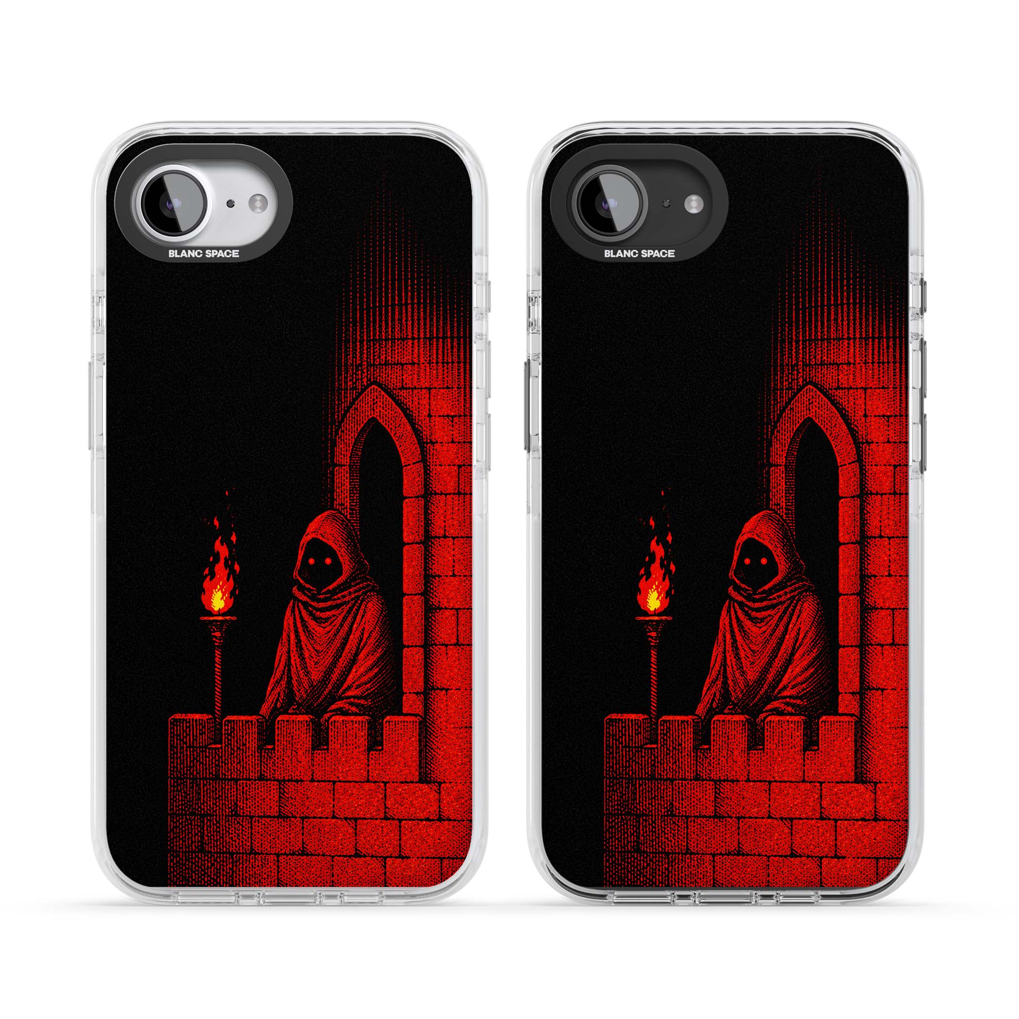 Crimson Crypt gothic iPhone case featuring a hooded reaper, torchlit crypt archway and red halftone horror art | Impact Magsafe case for iPhone 16e, iPhone 17e