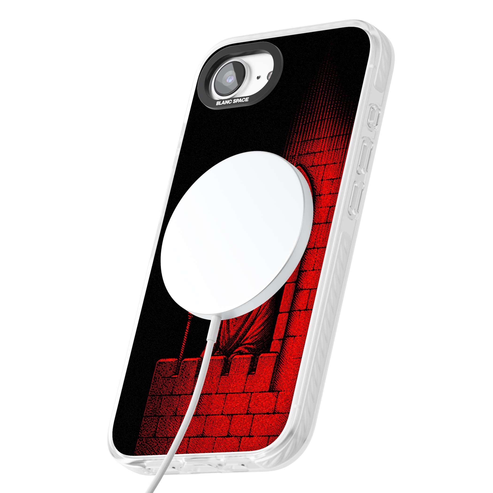 Crimson Crypt gothic iPhone case featuring a hooded reaper, torchlit crypt archway and red halftone horror art | Impact Magsafe case for iPhone 16e, iPhone 17e