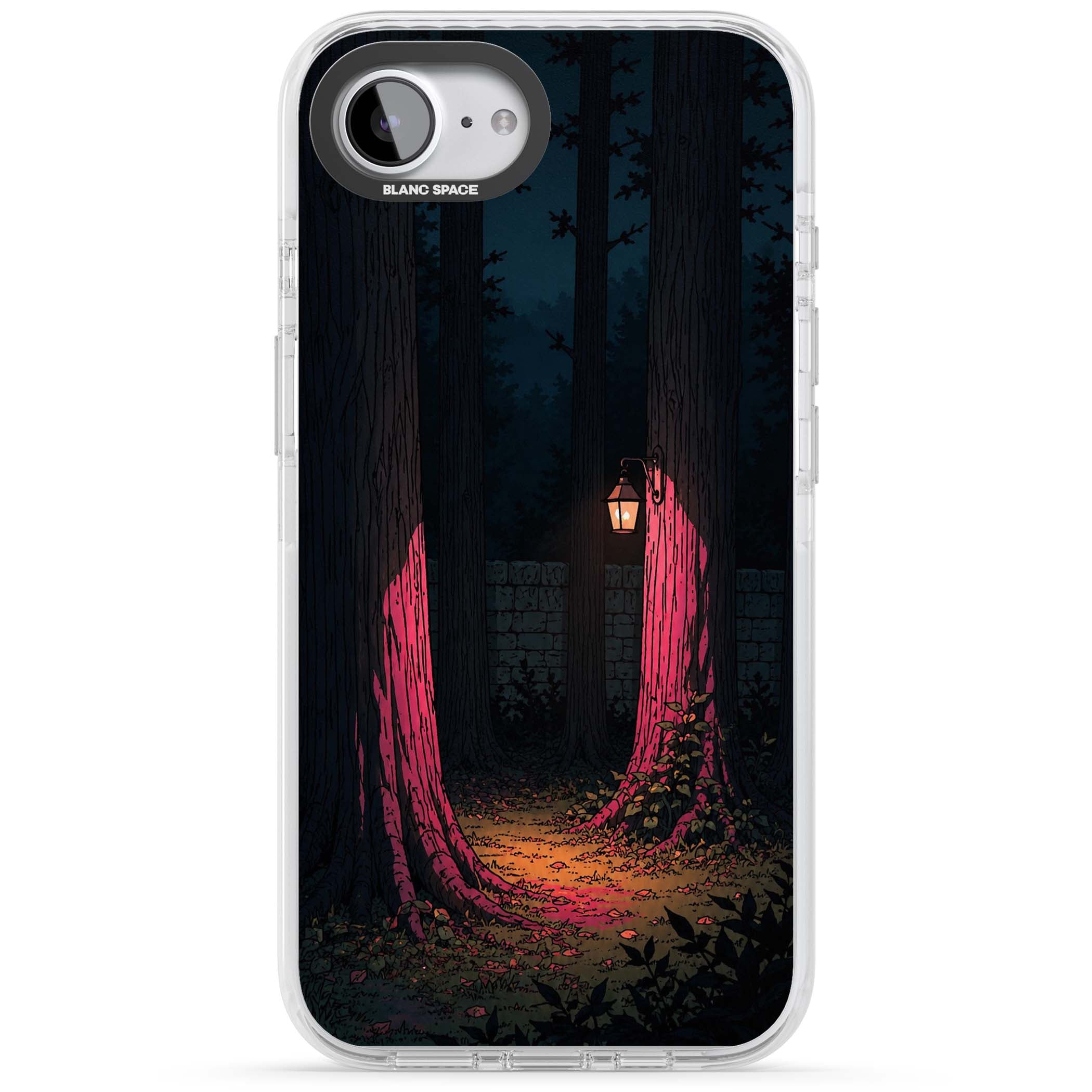 Forest Lantern dark academia iPhone case featuring a moonlit forest, glowing lantern, and stone wall pathway | Impact Magsafe case for iPhone 16e, iPhone 17e
