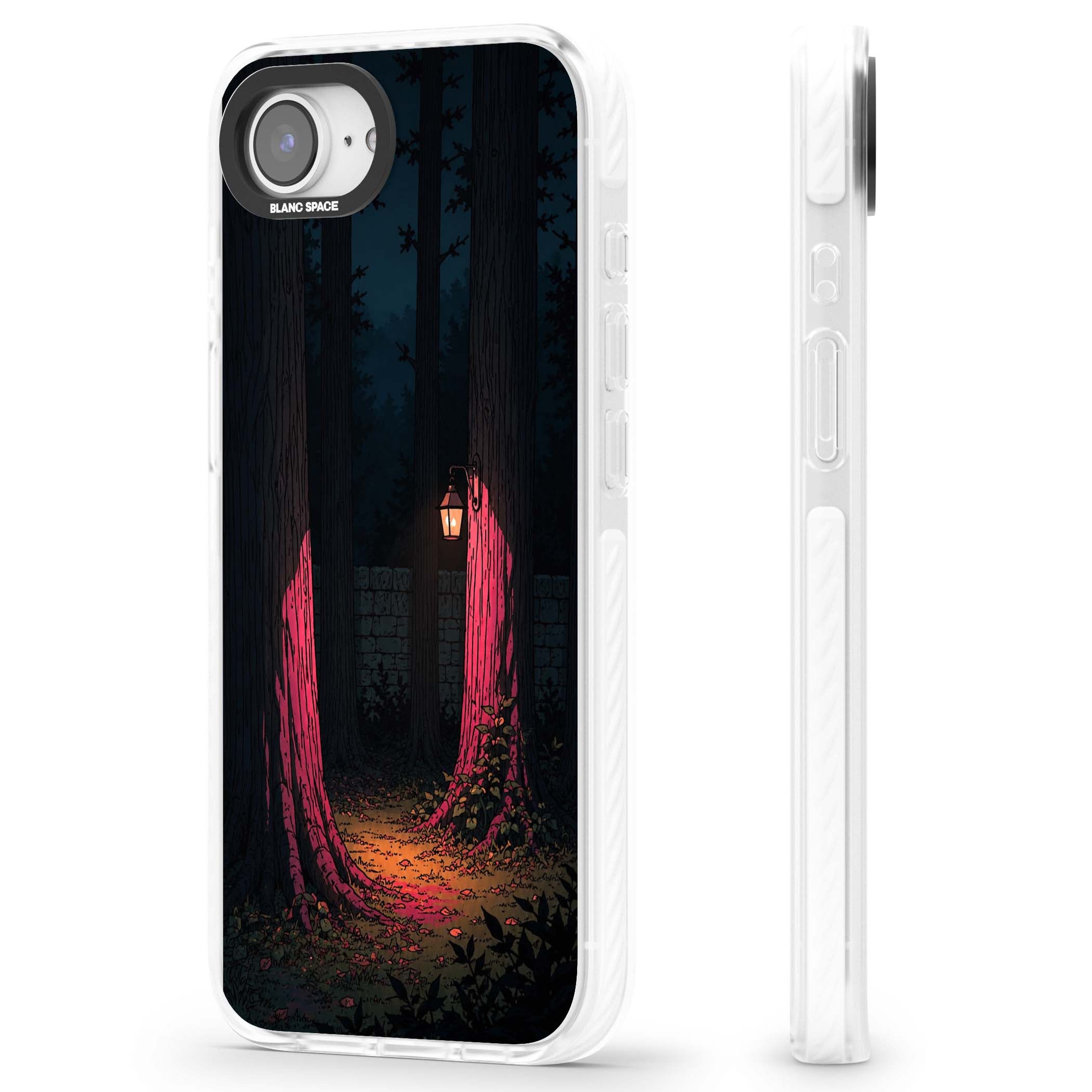 Forest Lantern dark academia iPhone case featuring a moonlit forest, glowing lantern, and stone wall pathway | Impact Magsafe case for iPhone 16e, iPhone 17e