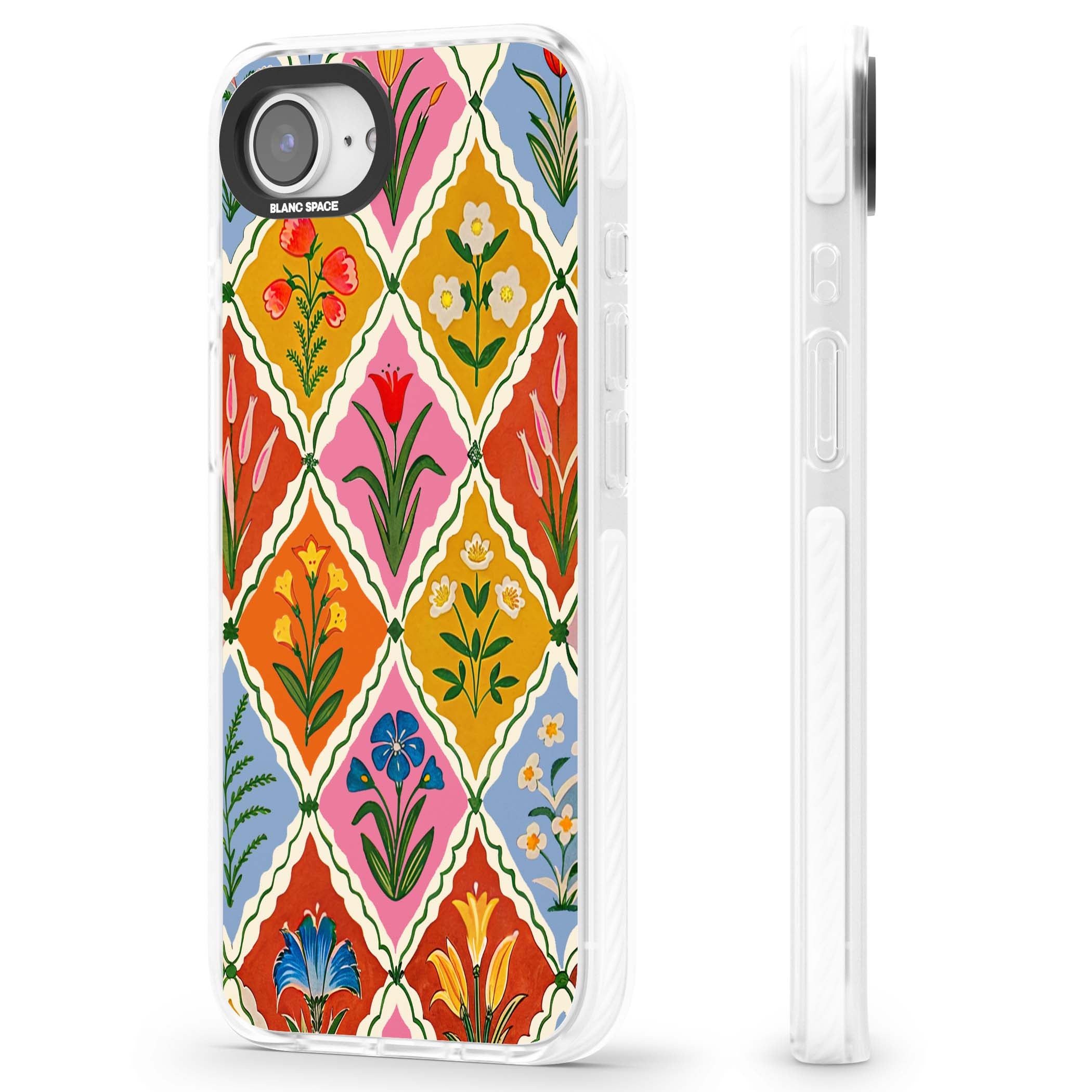 Floral Quilt boho floral iPhone case featuring diamond lattice pattern, hand-painted tulips and folk art wildflowers | Impact Magsafe case for iPhone 16e, iPhone 17e