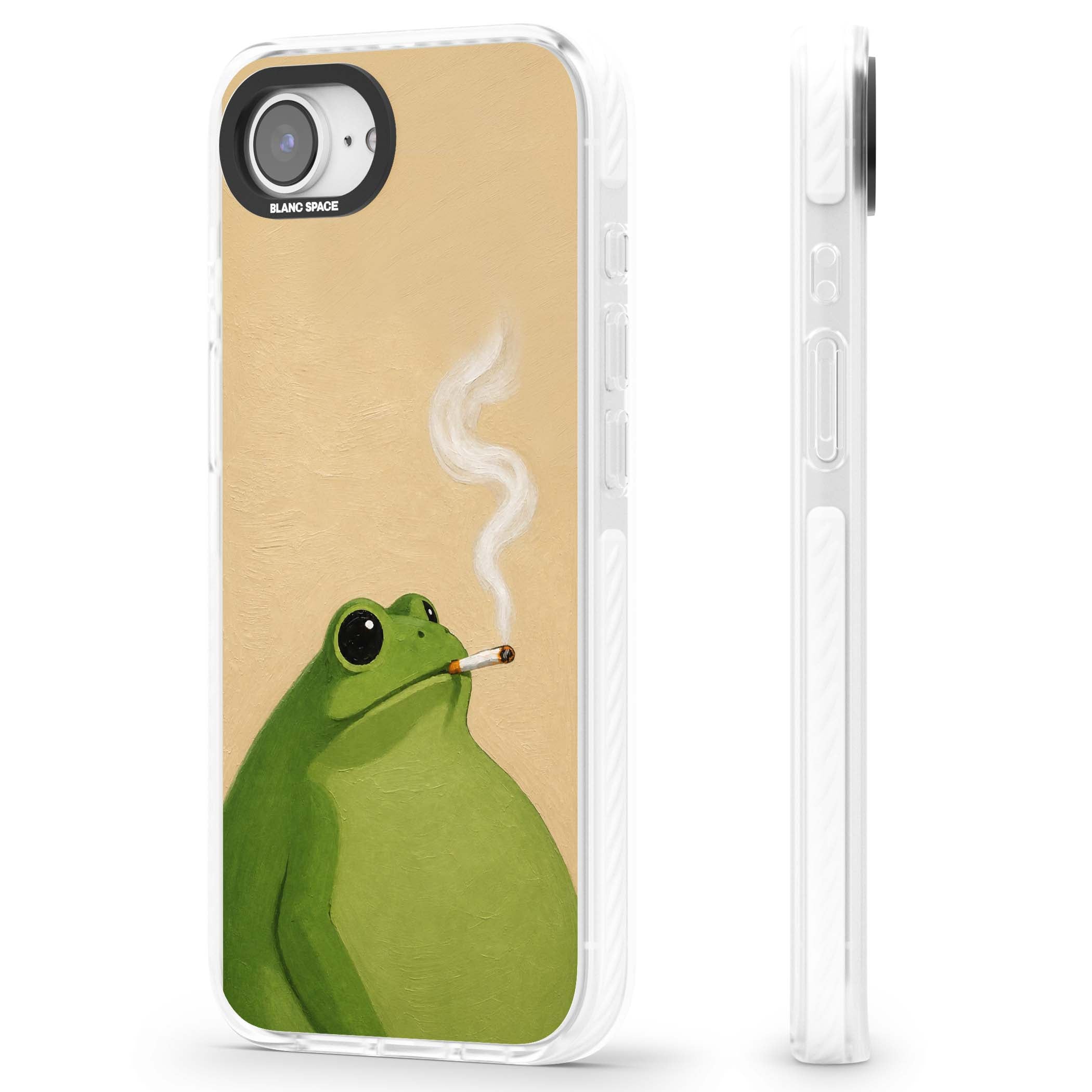 The Smoking Frog cottagecore iPhone case featuring a hand-painted green frog smoking a cigarette on a cream oil painting back | Impact Magsafe case for iPhone 16e, iPhone 17e