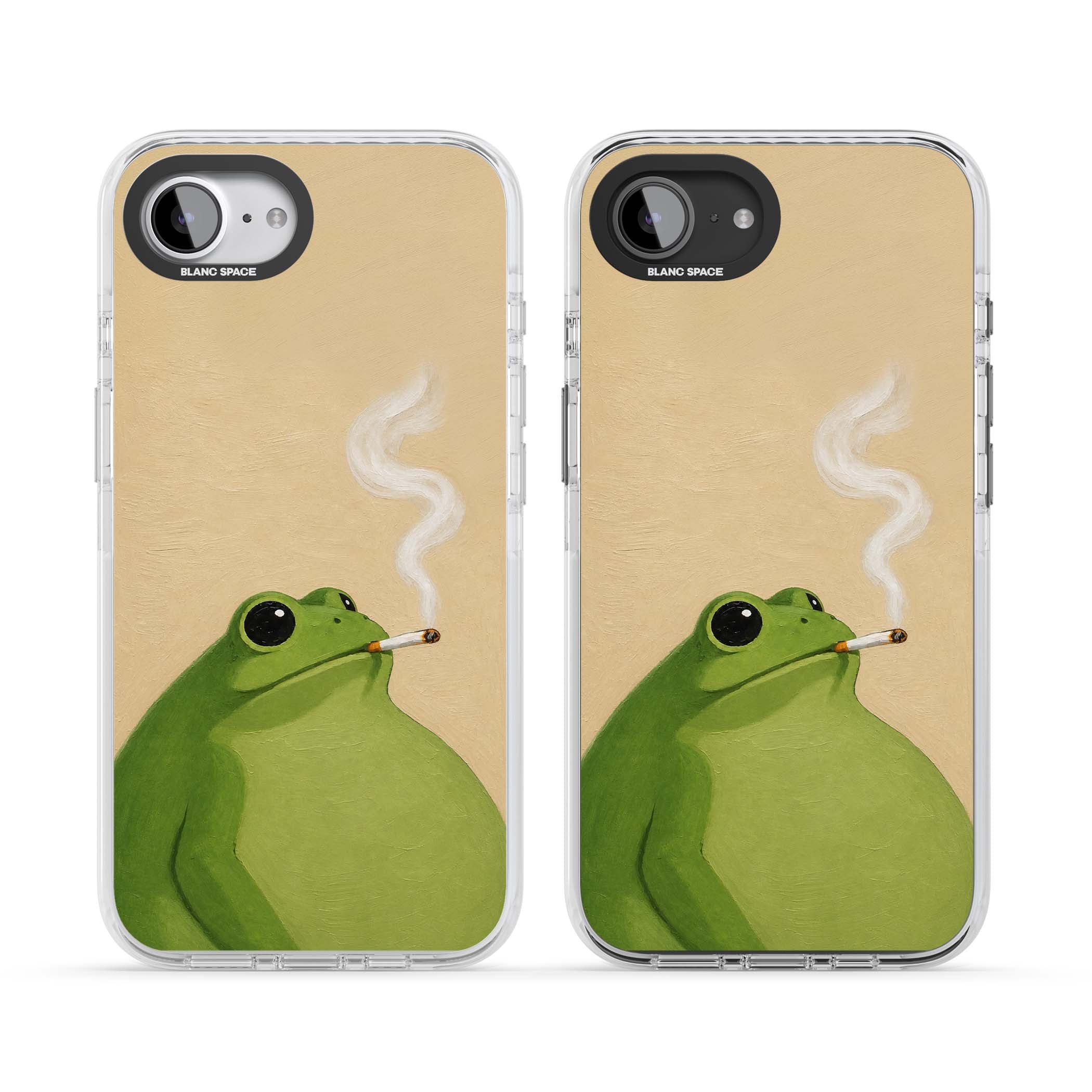 The Smoking Frog cottagecore iPhone case featuring a hand-painted green frog smoking a cigarette on a cream oil painting back | Impact Magsafe case for iPhone 16e, iPhone 17e