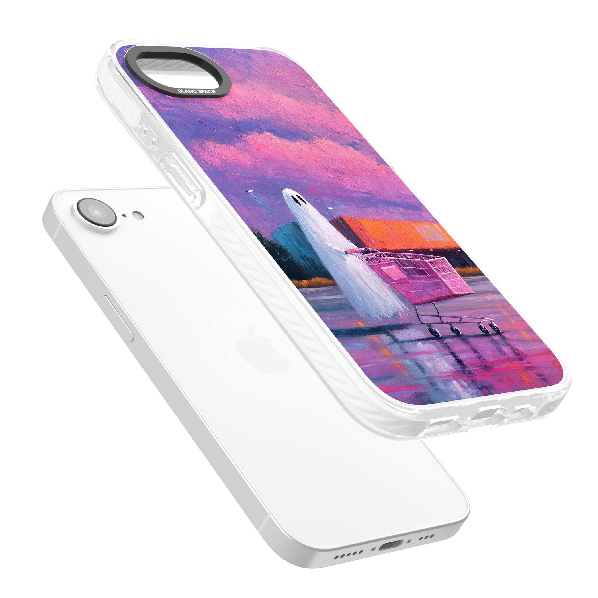 A Ghost's Errand ghost halloween iPhone case featuring a painted ghost, pink shopping trolley and purple sunset sky | Impact Magsafe case for iPhone 16e, iPhone 17e