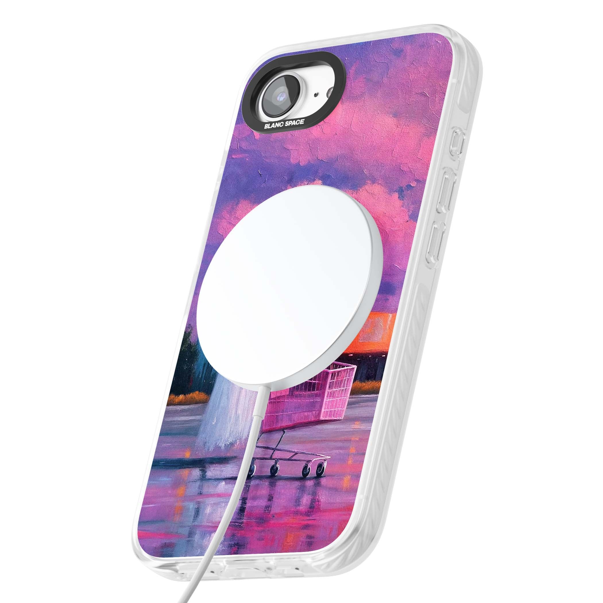 A Ghost's Errand ghost halloween iPhone case featuring a painted ghost, pink shopping trolley and purple sunset sky | Impact Magsafe case for iPhone 16e, iPhone 17e