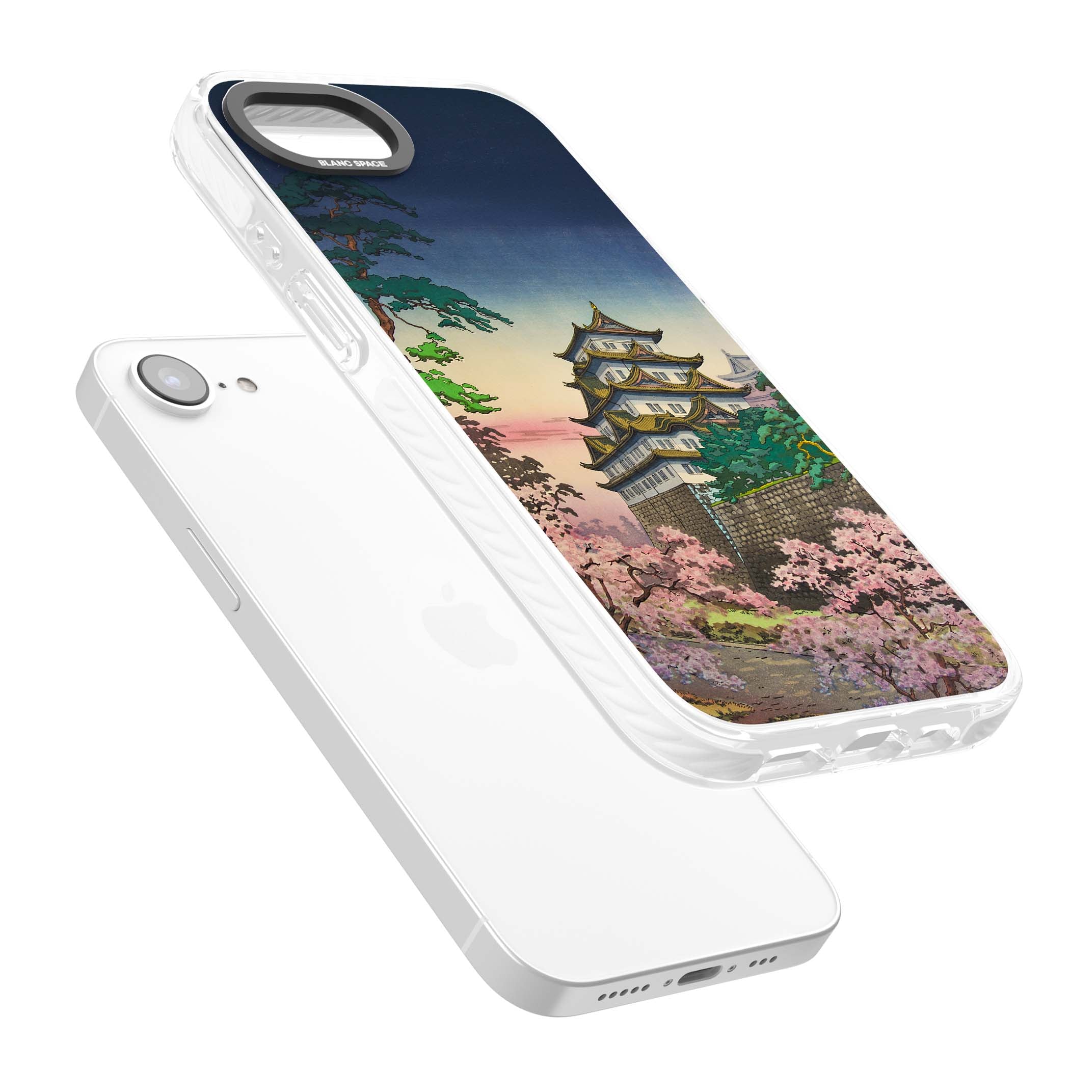 Nagoya Castle Japanese iPhone case featuring a vintage pagoda, twilight sky and cherry blossom trees | Impact Magsafe case for iPhone 16e, iPhone 17e