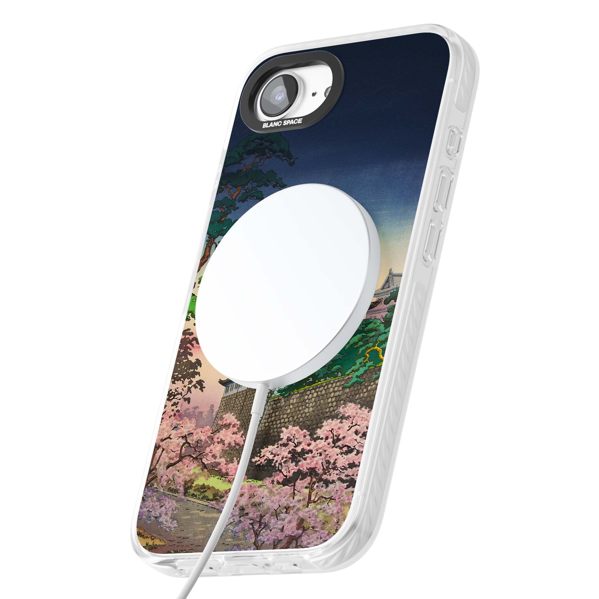 Nagoya Castle Japanese iPhone case featuring a vintage pagoda, twilight sky and cherry blossom trees | Impact Magsafe case for iPhone 16e, iPhone 17e