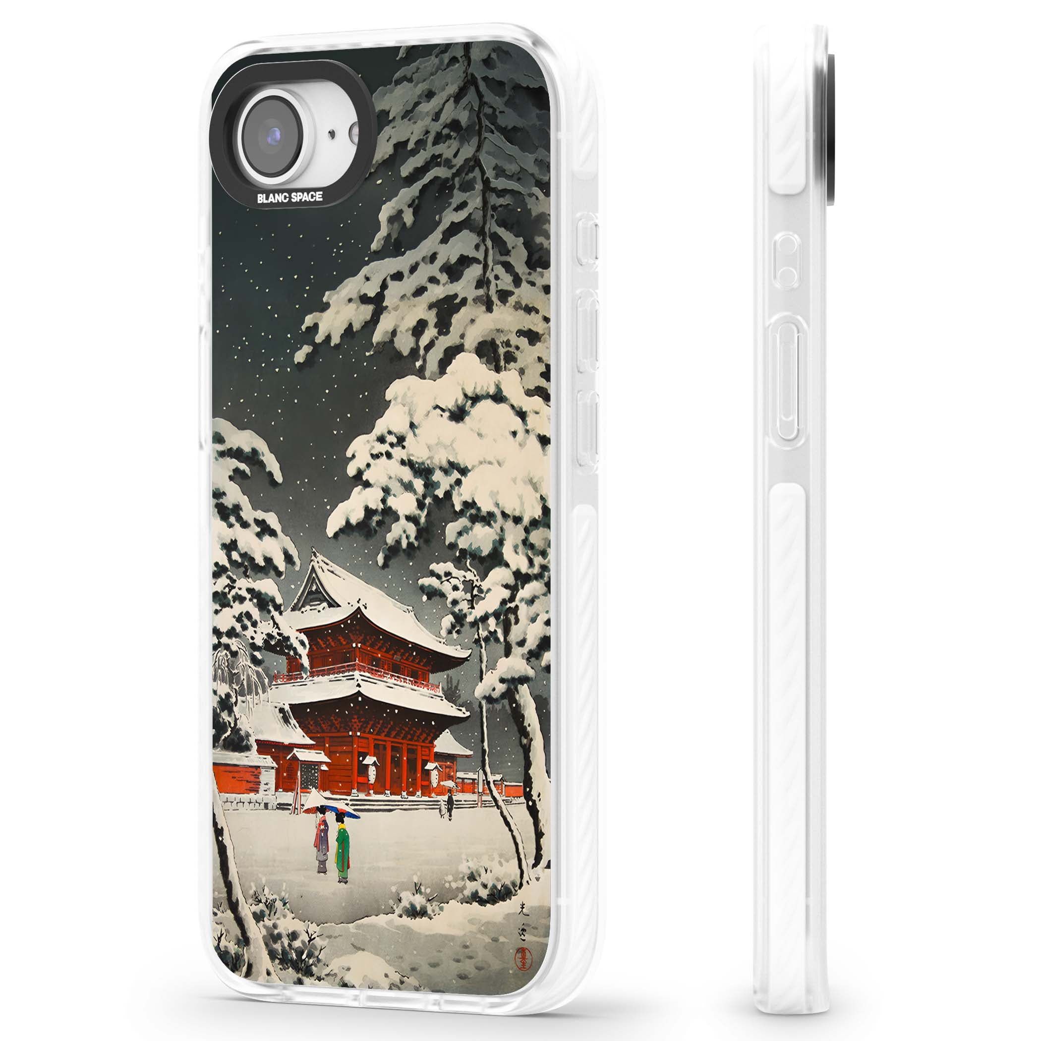 Snow at Shiha Park, Tokyo Japanese art iPhone case featuring a vintage ukiyo-e snowy temple, red pagoda, and snow-covered pin | Impact Magsafe case for iPhone 16e, iPhone 17e