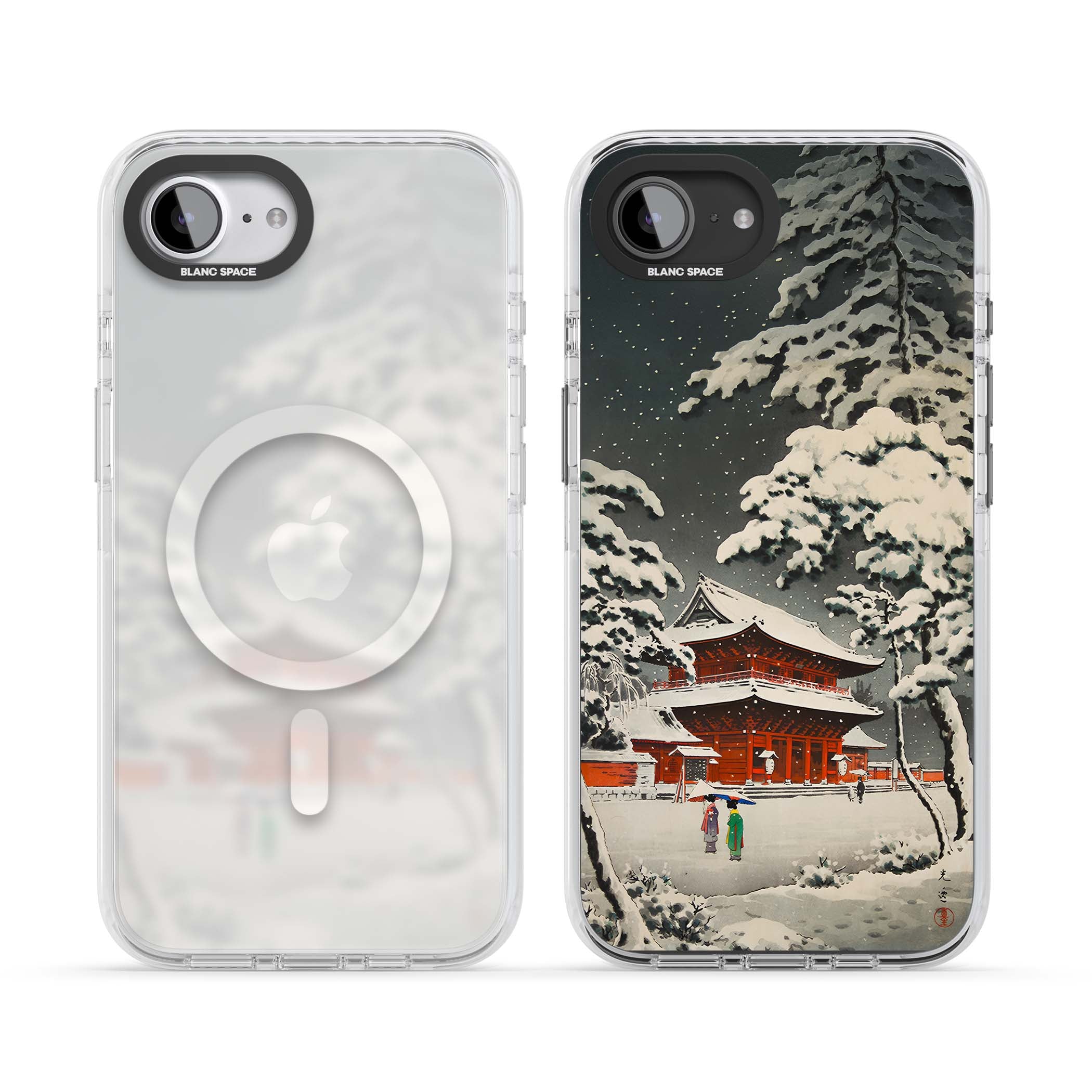 Snow at Shiha Park, Tokyo Japanese art iPhone case featuring a vintage ukiyo-e snowy temple, red pagoda, and snow-covered pin | Impact Magsafe case for iPhone 16e, iPhone 17e