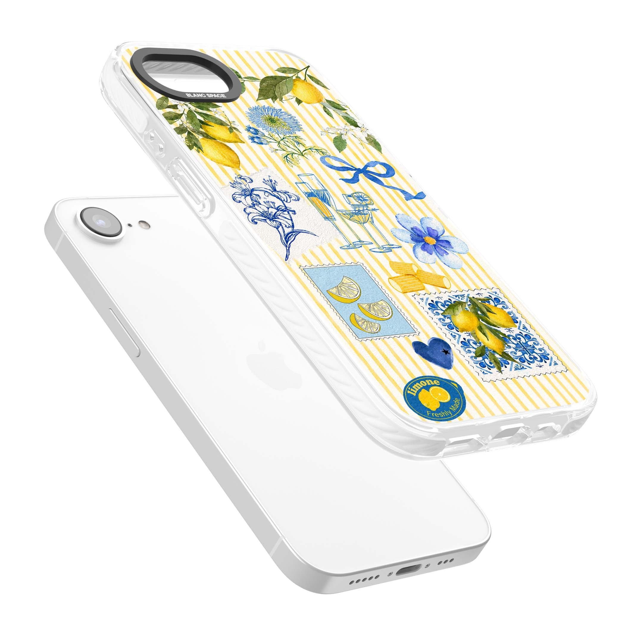 Limone Riviera Italian summer iPhone case featuring watercolour lemons, blue ribbon bows and majolica tile stamps on... | Impact Magsafe case for iPhone 16e, iPhone 17e