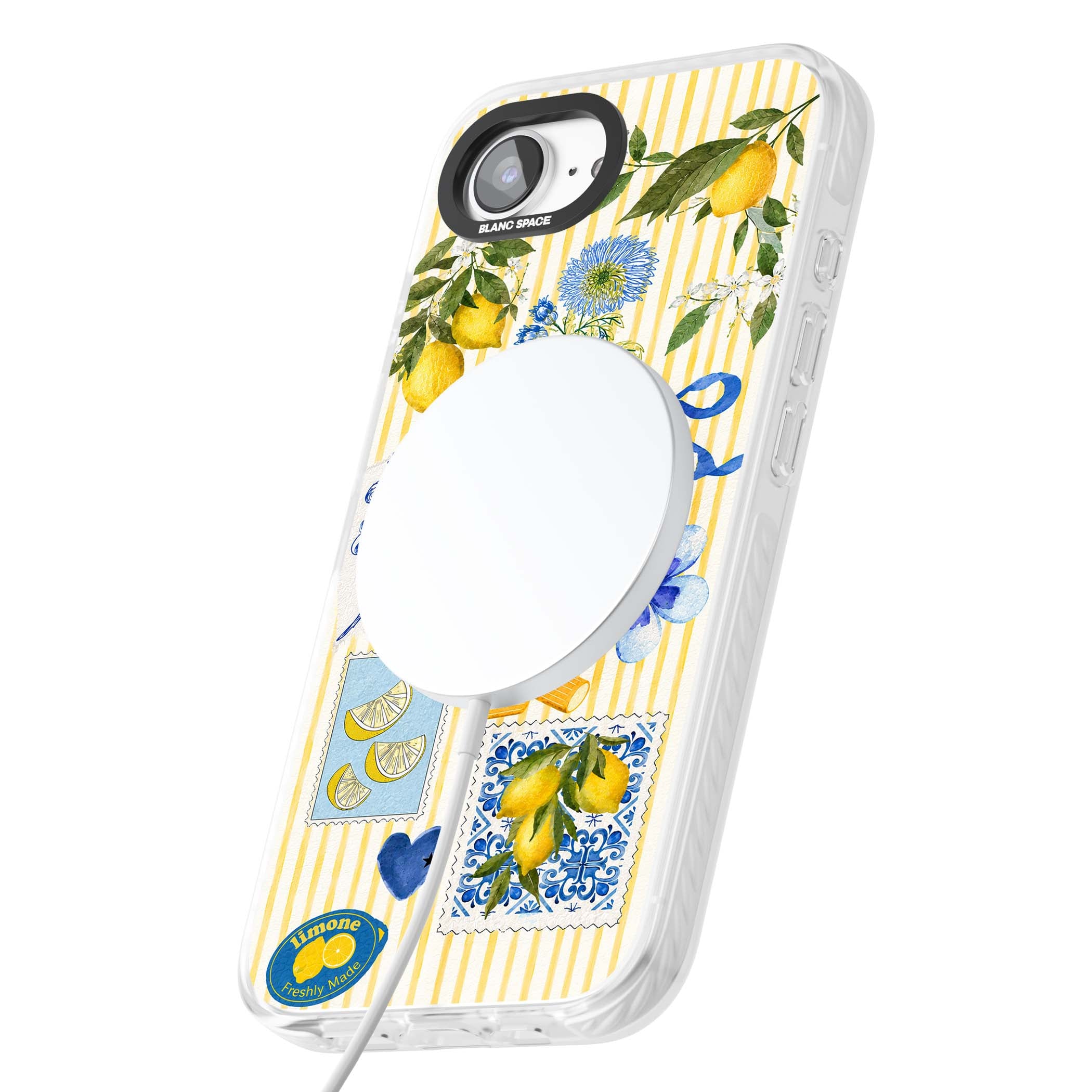 Limone Riviera Italian summer iPhone case featuring watercolour lemons, blue ribbon bows and majolica tile stamps on... | Impact Magsafe case for iPhone 16e, iPhone 17e