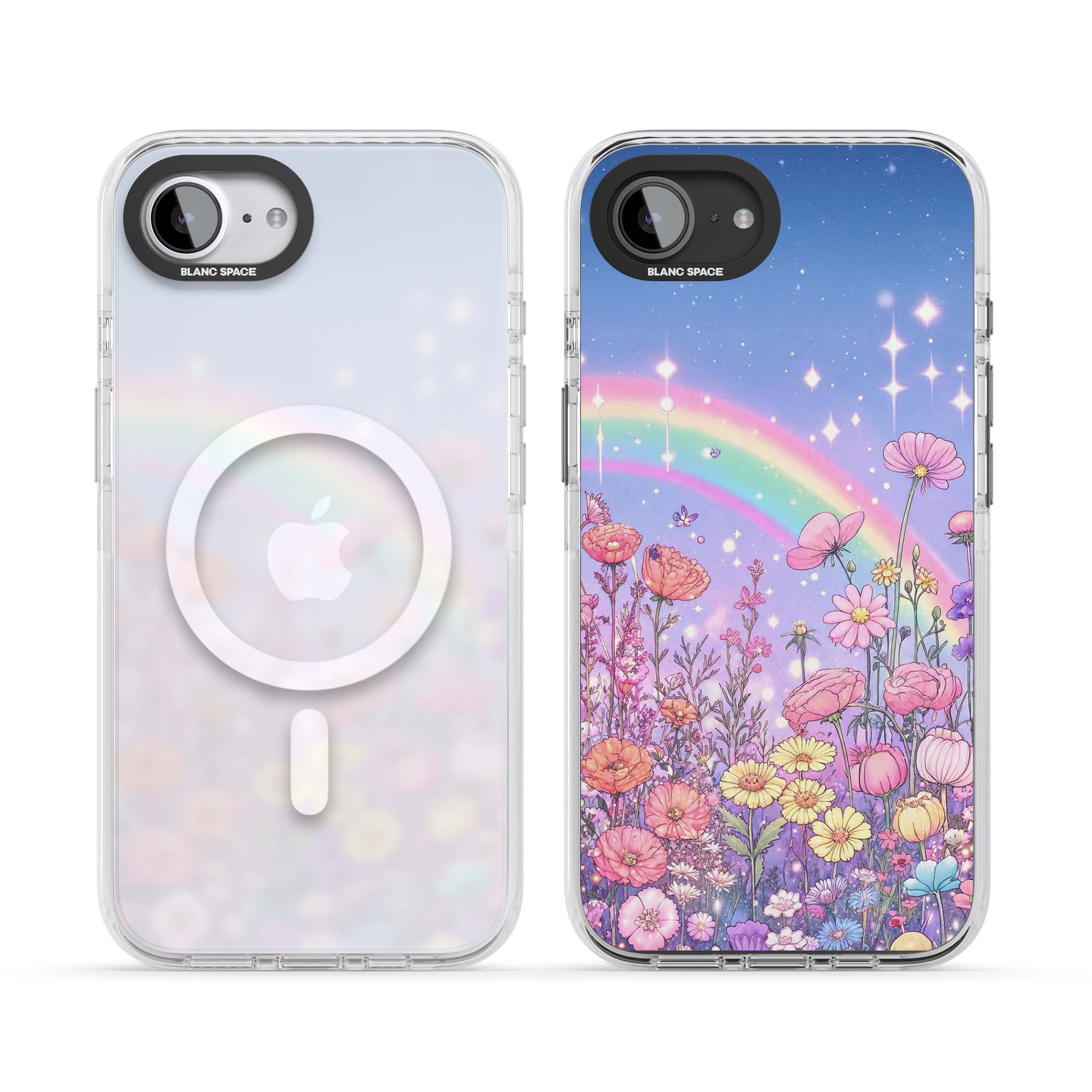 Magical Meadow fairycore iPhone case featuring a pastel rainbow, sparkling stars and a wildflower meadow | Impact Magsafe case for iPhone 16e, iPhone 17e