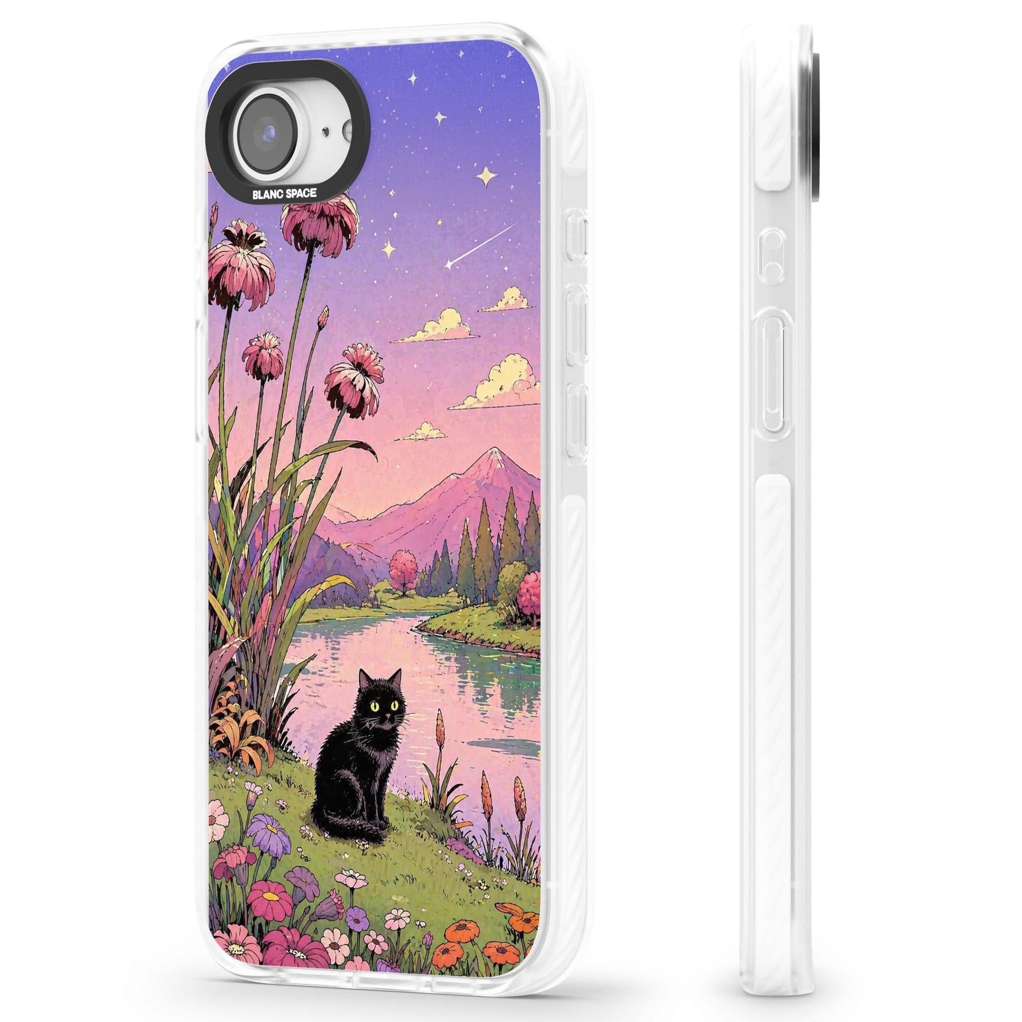Mystic Whiskers ghibli iPhone case featuring a black cat by a pastel lake, wildflowers and a starry sunset sky | Impact Magsafe case for iPhone 16e, iPhone 17e