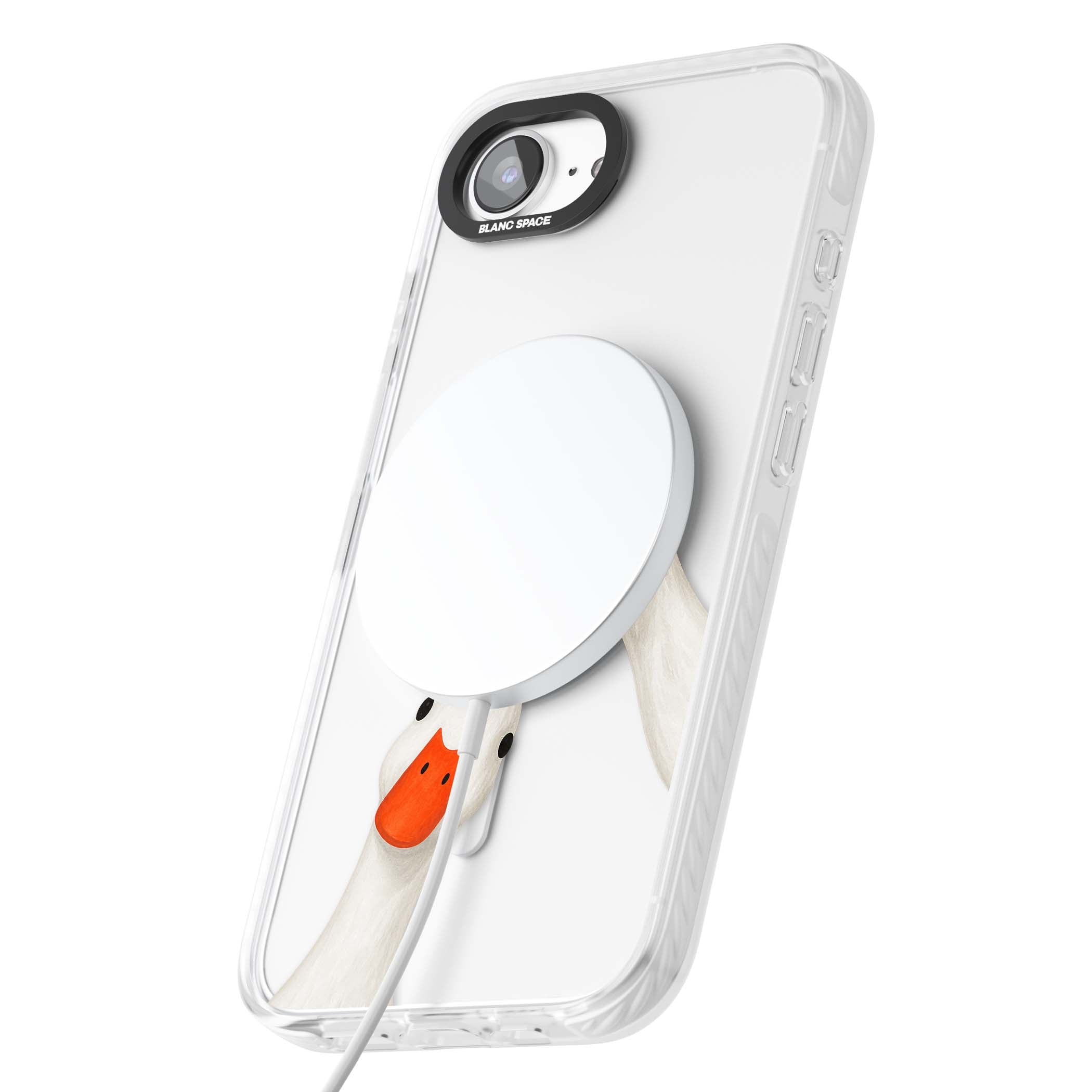 Nosy Ducks cottagecore iPhone case featuring two peeking white ducks with orange beaks on a clear background | Impact Magsafe case for iPhone 16e, iPhone 17e