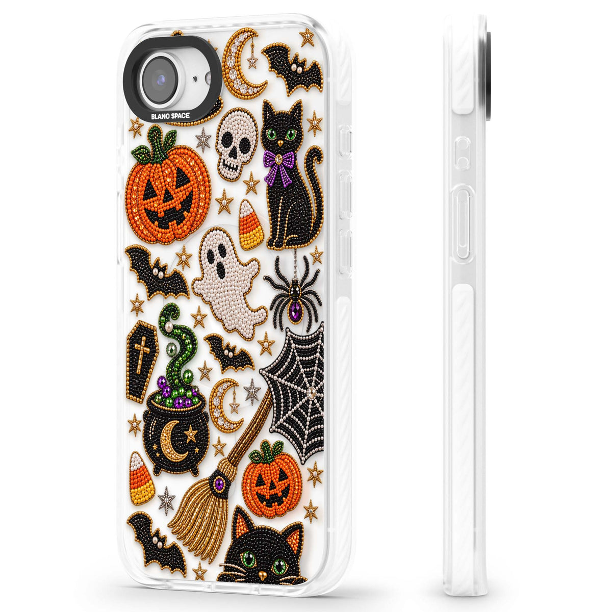 Beaded Halloween Halloween iPhone case featuring beaded pumpkins, ghosts, black cats and bats | Impact Magsafe case for iPhone 16e, iPhone 17e