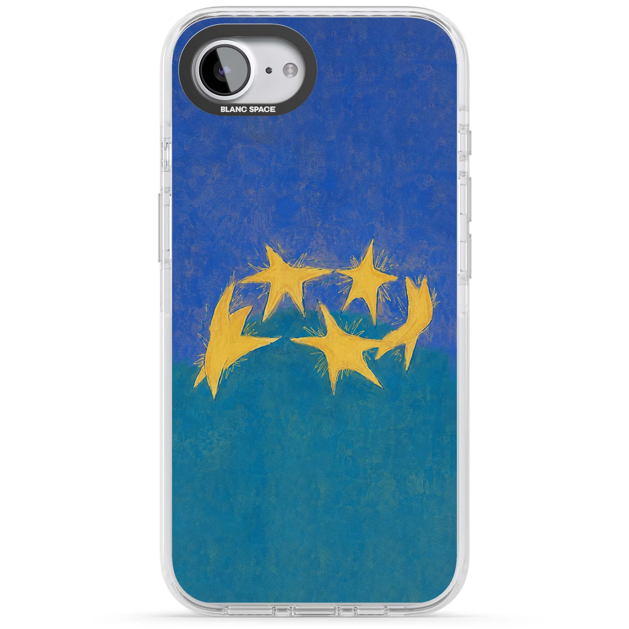 Star Boogie stars aesthetic iPhone case featuring five yellow hand-painted stars on cobalt blue and teal | Impact Magsafe case for iPhone 16e, iPhone 17e