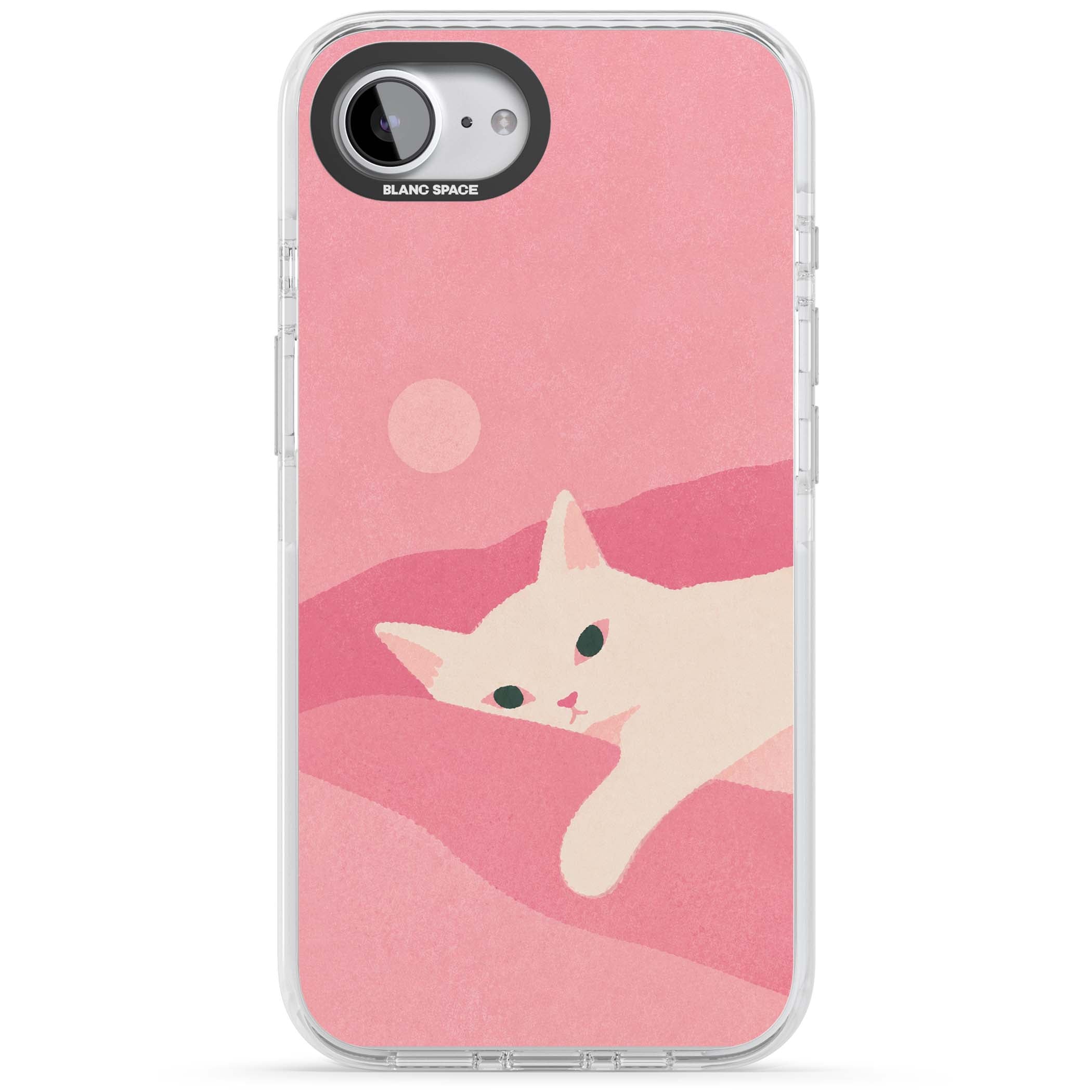Pink Dreams cute cat iPhone case featuring a white kitten, soft pink hills and a pale pastel sun | Impact Magsafe case for iPhone 16e, iPhone 17e