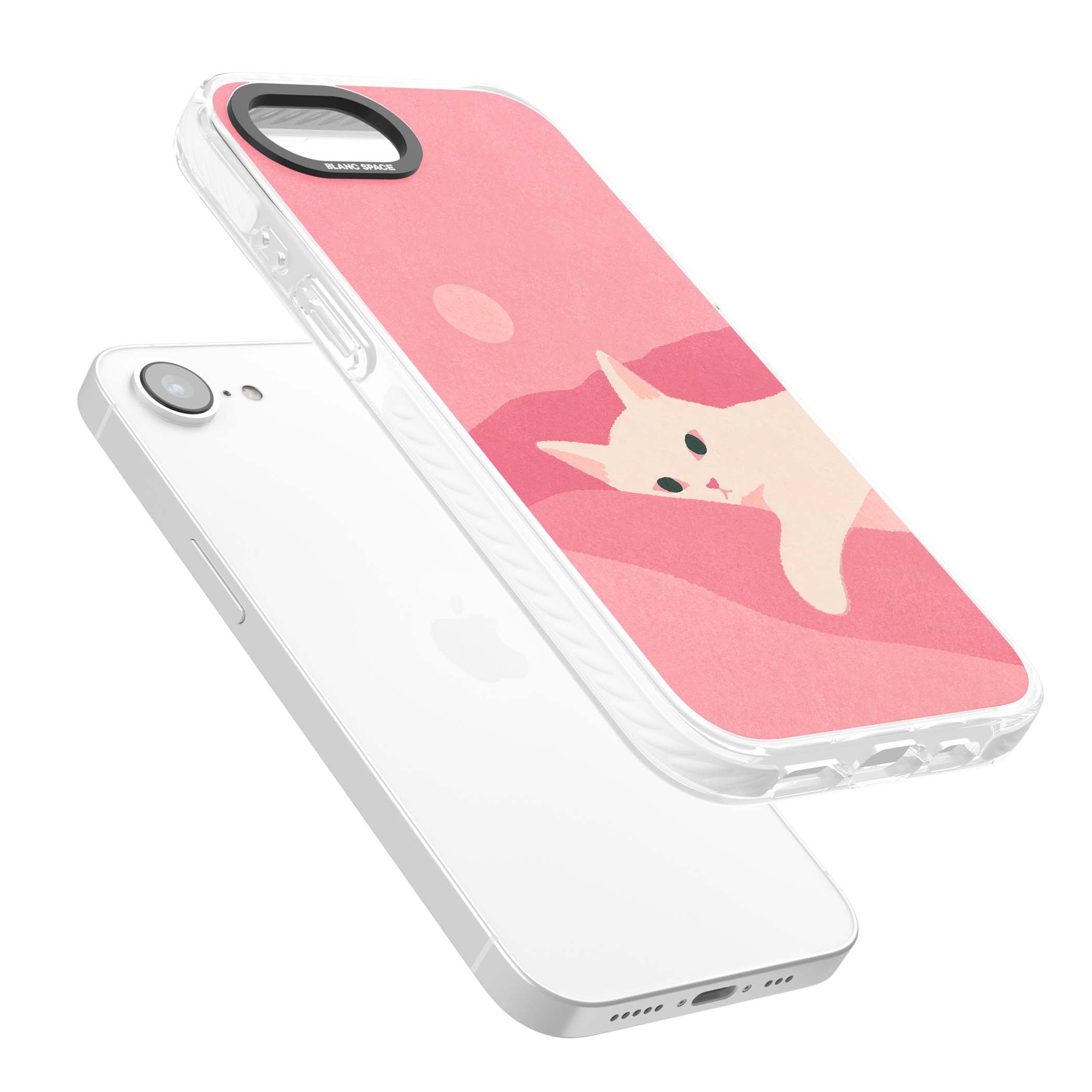 Pink Dreams cute cat iPhone case featuring a white kitten, soft pink hills and a pale pastel sun | Impact Magsafe case for iPhone 16e, iPhone 17e