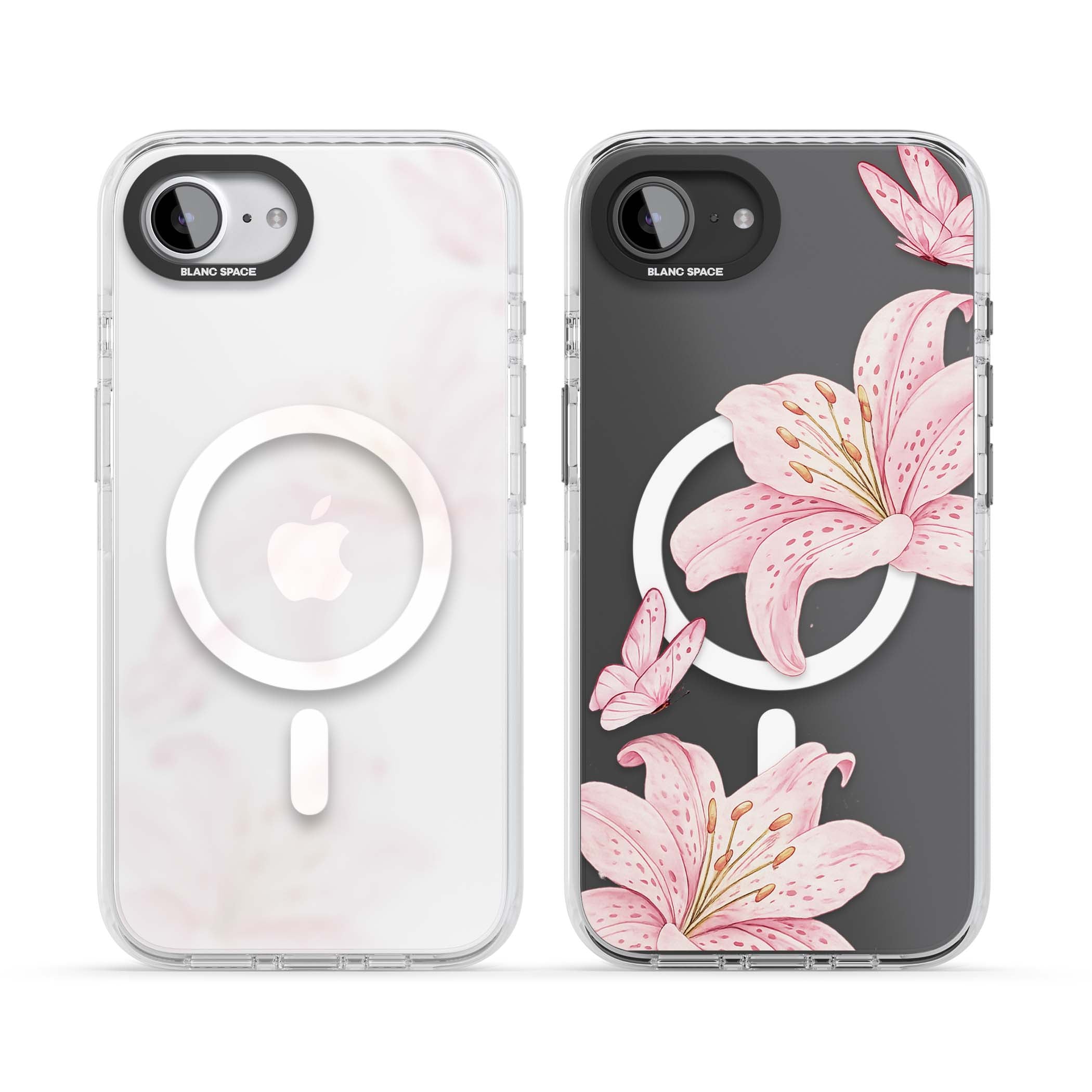 Lily Whisper floral iPhone case featuring pink watercolour lilies and delicate butterflies on a clear background | Impact Magsafe case for iPhone 16e, iPhone 17e
