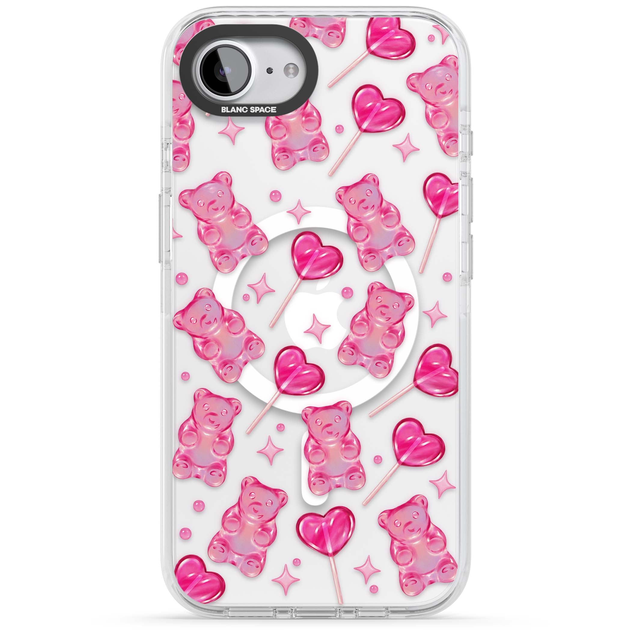 Pink Sugar pinkcore iPhone case featuring pink gummy bears, heart-shaped lollipops and sparkle stars | Impact Magsafe case for iPhone 16e, iPhone 17e