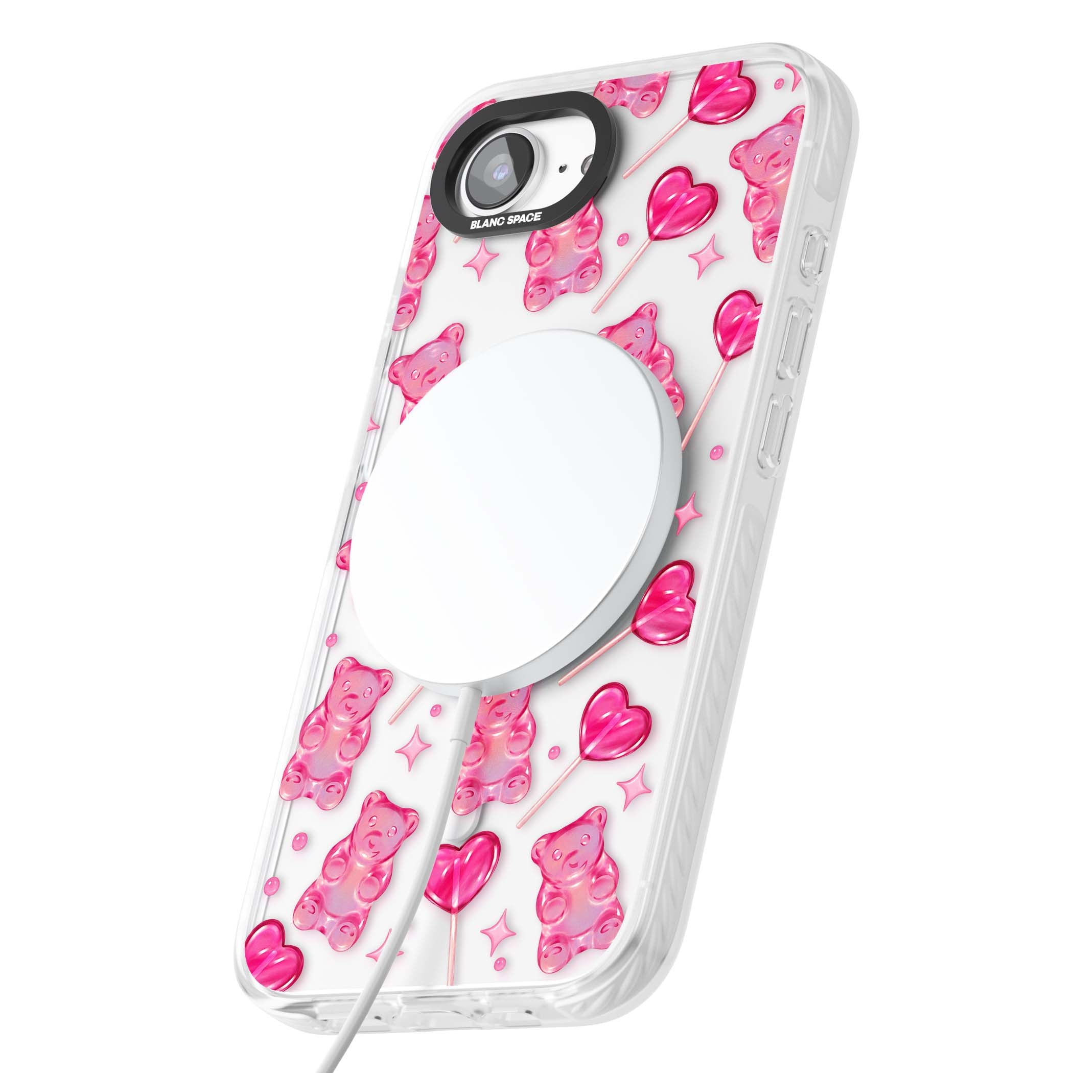 Pink Sugar pinkcore iPhone case featuring pink gummy bears, heart-shaped lollipops and sparkle stars | Impact Magsafe case for iPhone 16e, iPhone 17e