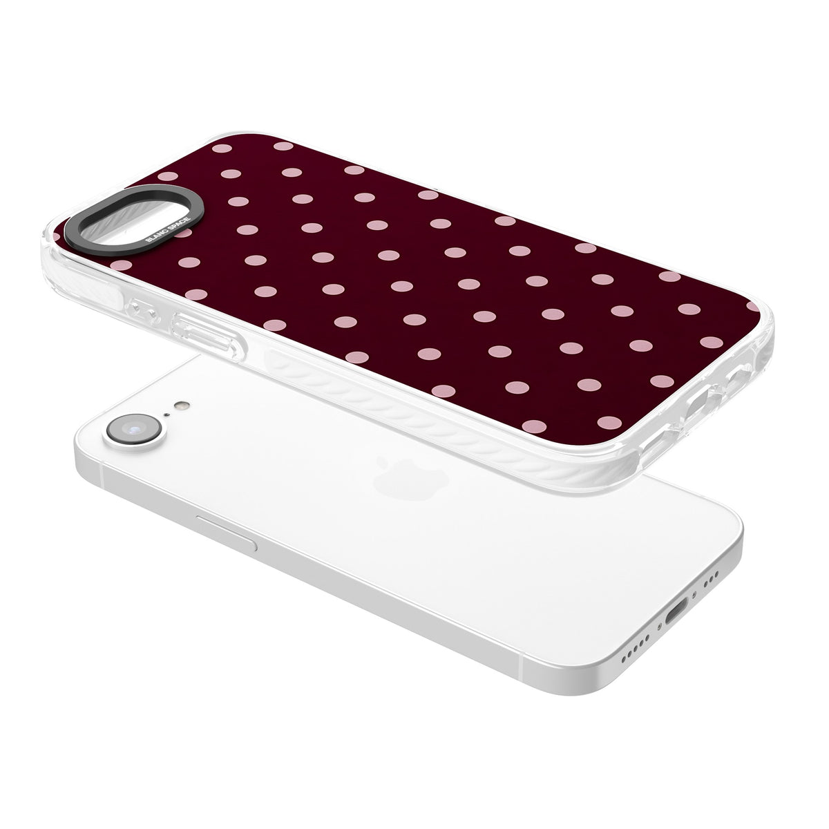 Merlot Dots polka dot iPhone case featuring dusty pink spots on a deep burgundy background in a retro grid iPhone 16e / iPhone 16E / iPhone 17e Impact Pro Clear Phone Case angled