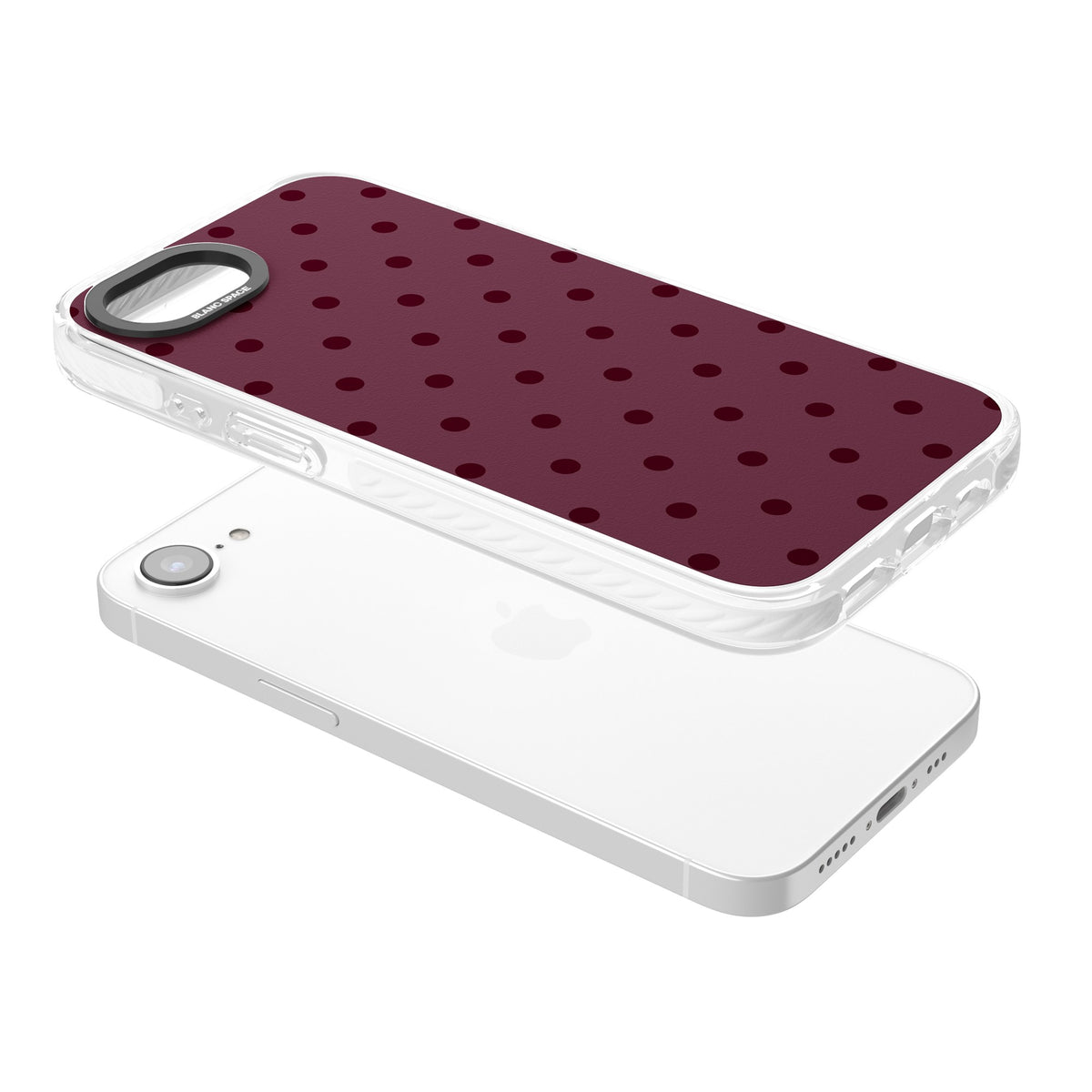 Burgundy Polka Dot minimalist iPhone case featuring black polka dots on a deep burgundy wine red background iPhone 16e / iPhone 16E / iPhone 17e Impact Pro Clear Phone Case angled