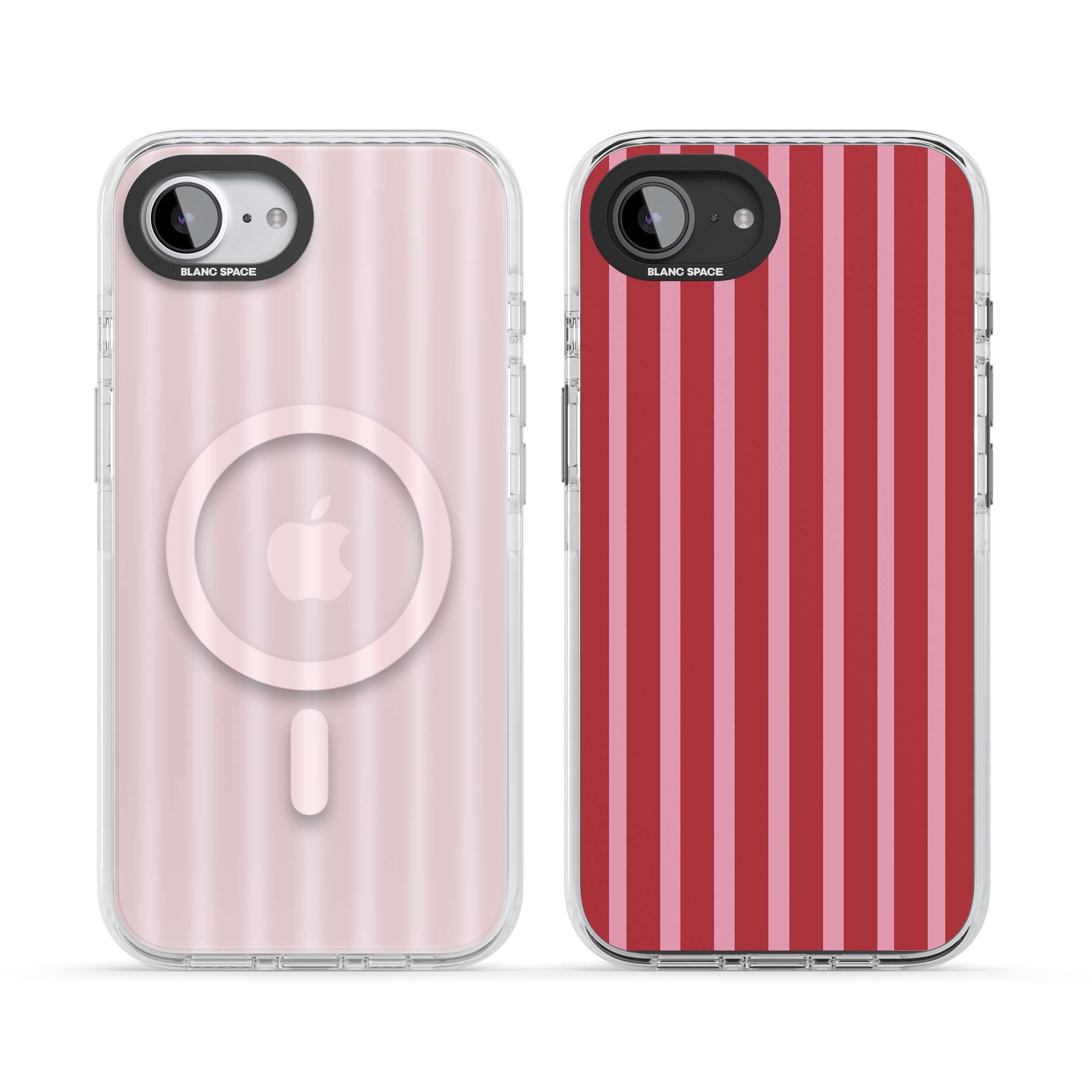 Raspberry Stripe coquette iPhone case featuring red and pink vertical stripes in a candy-inspired pattern | Impact Magsafe case for iPhone 16e, iPhone 17e